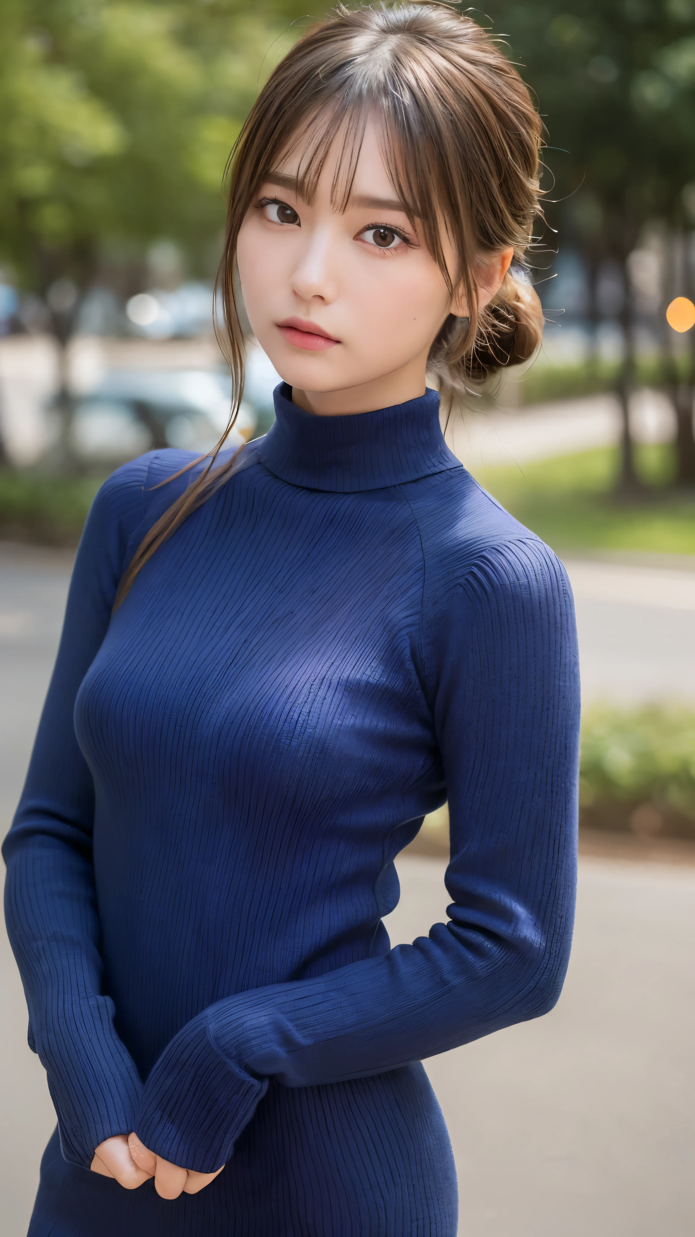 (masterpiece:1.5)、(realistic:1.5)、(highest quality:1.4、8K、RAW photo）、
ultra high resolution、professional lighting、perfect dynamic composition、Shooting outdoors、
film grain、chromatic aberration、(Bokeh:1.1)、
Frank、Sophisticated、charm、超realistic、high detail、golden ratio、
(1 girl)、slender girl、繊細でcharm女の子、cute woman:1.4、
serious expression、looking at the viewer、various poses、
light brown hair、shining hair、Hair style is ponytail、
skin that looks real、
close your mouth、fine eyes、double eyelid、thin arms、、
(She is wearing a navy blue mini turtleneck ribbed sweater dress.:1.4)
