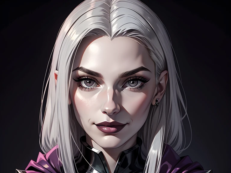 masterpiece, best quality, realistic, 1girl, mature female, quiet and charming young girl, 18 year old, a smirk, closed mouth, white skin, portrait, extremely detailed face, cold and smirk, ((small dark gray  eyes)), (( Platinum hair)), dark Burgundy lips, [thin eyebrows], sliver and black jewelry, dark palace, ((Princess)), dim light, evil, metallic spiders background