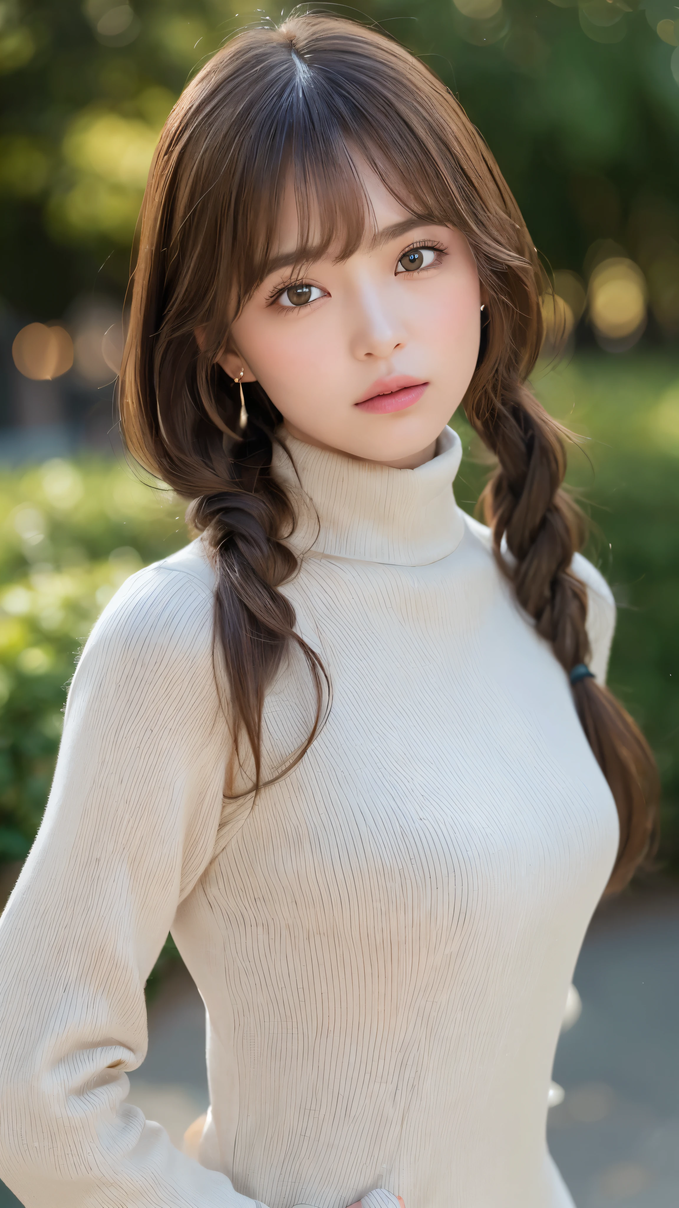 (masterpiece:1.5)、(realistic:1.5)、(highest quality:1.4、8K、RAW photo)、
ultra high resolution、professional lighting、perfect dynamic composition、Shooting outdoors、
film grain、chromatic aberration、(Bokeh:1.1)、
Frank、Sophisticated、charm、超realistic、high detail、golden ratio、
(1 girl)、slender girl、繊細でcharm女の子、cute woman:1.4、
serious expression、looking at the viewer、various poses、
light brown hair、shining hair、Hair style is ponytail、
skin that looks real、
close your mouth、fine eyes、double eyelid、thin arms、、
(She is wearing a white turtleneck ribbed long sweater dress。:1.3)