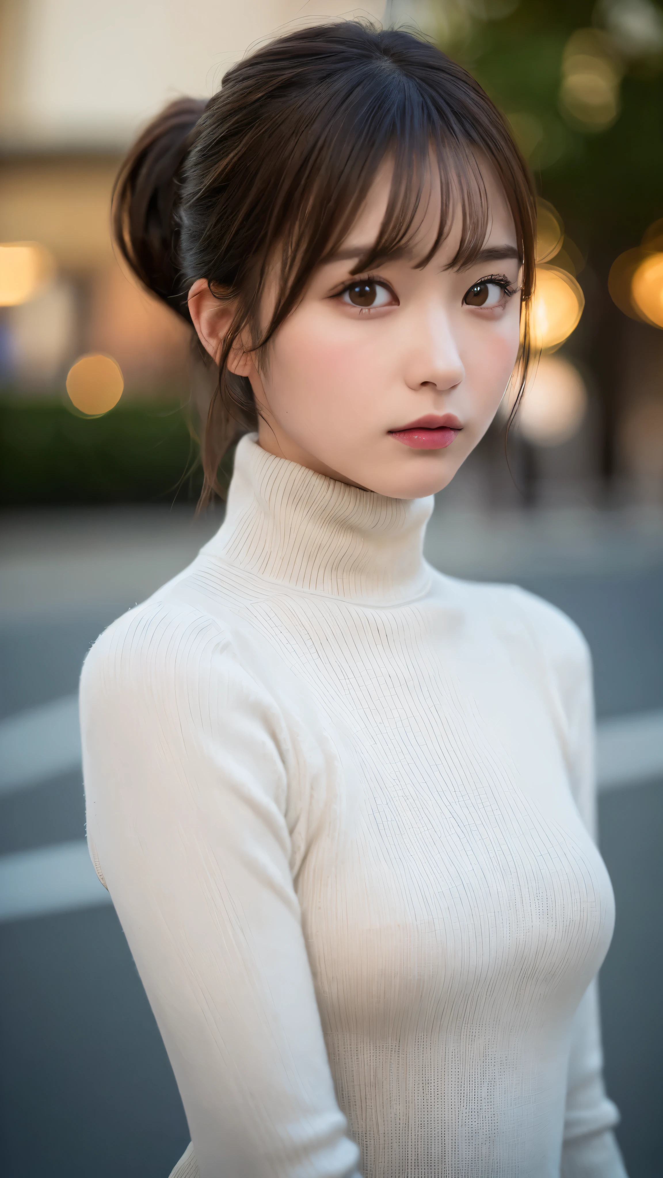 (masterpiece:1.5)、(Realistic:1.5)、(Highest quality:1.4、8k、RAW Photos)、
Ultra-high resolution、Professional Lighting、Perfect dynamic composition、Outdoor Shot、
Film Grain、chromatic aberration、(Bokeh:1.1)、
Frank、Sophisticated、charm、Surreal、Attention to detail、Golden Ratio、
(1 girl)、Slender girl、繊細でcharm女の子、Cute Woman:1.4、
Serious expression、Looking at the audience、Mr..々Pause、
Light brown hair、Shiny Hair、Hairstyle: ponytail、
Realistic looking skin、
shut up.、Beautiful Eyes、double eyelid、Thin arms、、
(Wearing a white ribbed turtleneck sweater dress:1.3)