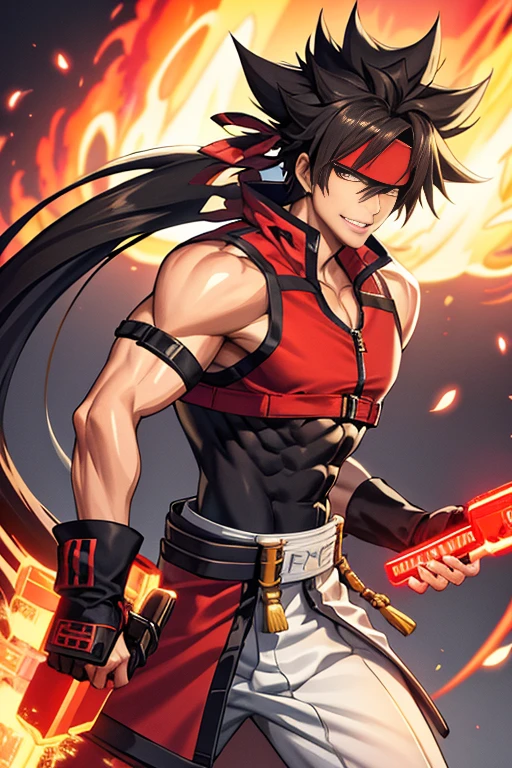 Two-dimensional, anime style, 1 man , solo, (male warrior), Sol Badguy , slim body, correct proportions, face details, martial arts, white pants, sleeveless red jacket , red bandana on his head, black tank top with turtleneck, black shoes, wearing sleeveless black gloves,wearing navy blue glasses, long ponytail hairstyle, light and shadow tracing, ray tracing, detail glow, CG rendering, hair details, long black hair,  a lot of details, volcano environment,smiling joyfully, looking at the viewer, making his combat position, holding Junkyard Mark II, surrounded by flames 