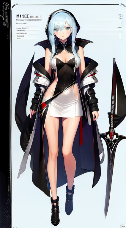 (((Best Quality))) , ((full body)), female, character design, solo, ( white background:1.3), holding sword, thigh high, side slit trench skirt, summer outfit, colorful outfit, bare arms, Bust Bodice, bare waist, standing, backless casual dress, bikini, sideless skirt,