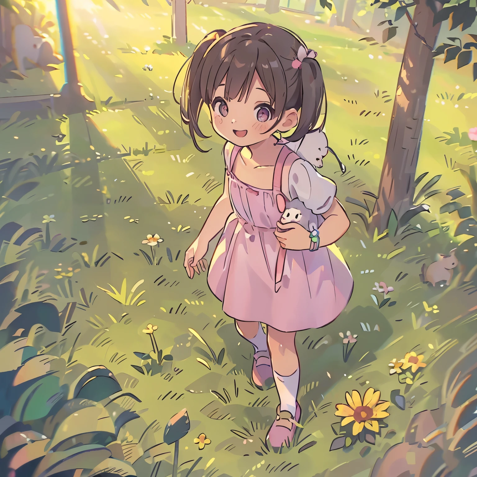 (photorealistic:1.37)、octane rendering、Morning park、Walk with a rabbit doll、Girl has twin tail hairstyle and smiles、Bright colors、soft sunlight、beautiful flower、green grass、playful atmosphere、peaceful environment、detailed texture、Bright colors、cute shoes with accessories、He looks happy