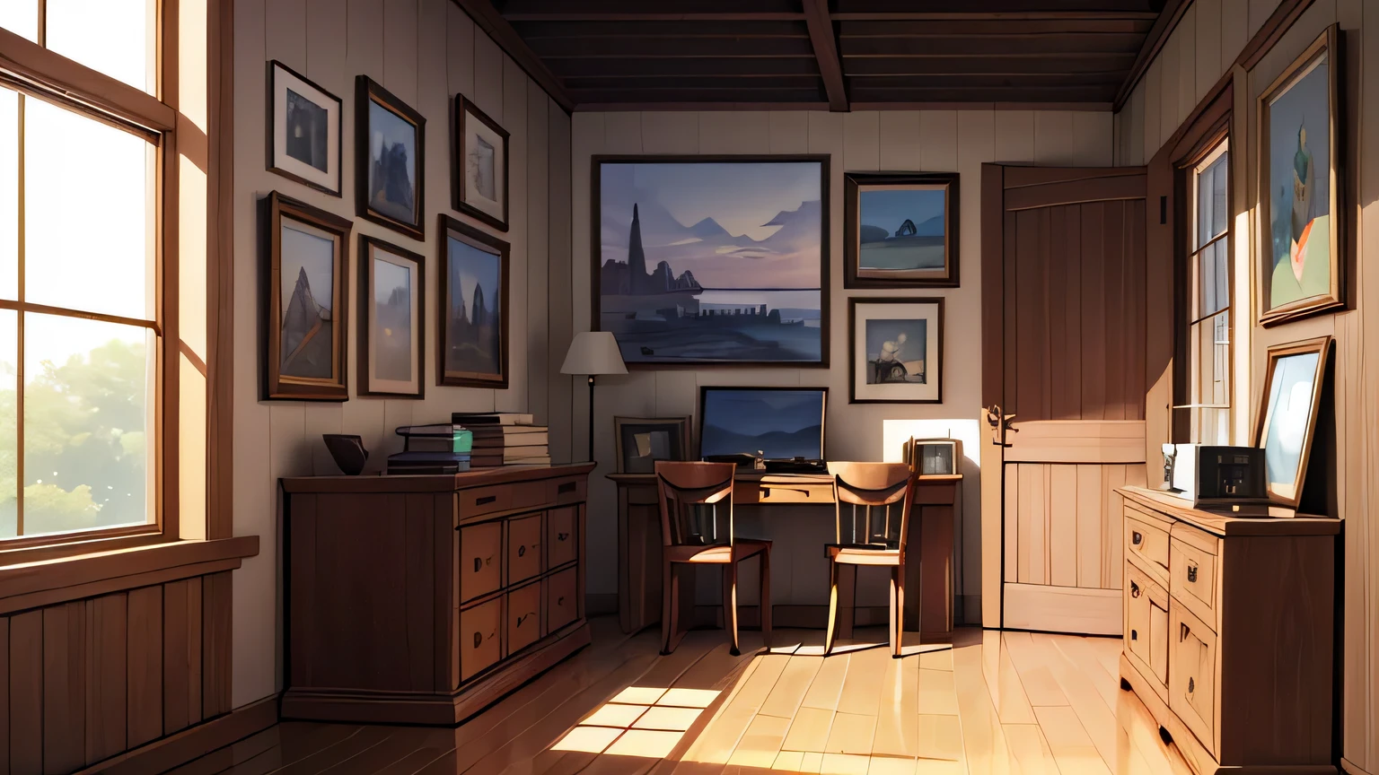 anime, (masterpiece:1.2), inside broken down art studio with a lot of paintings, daylight,
