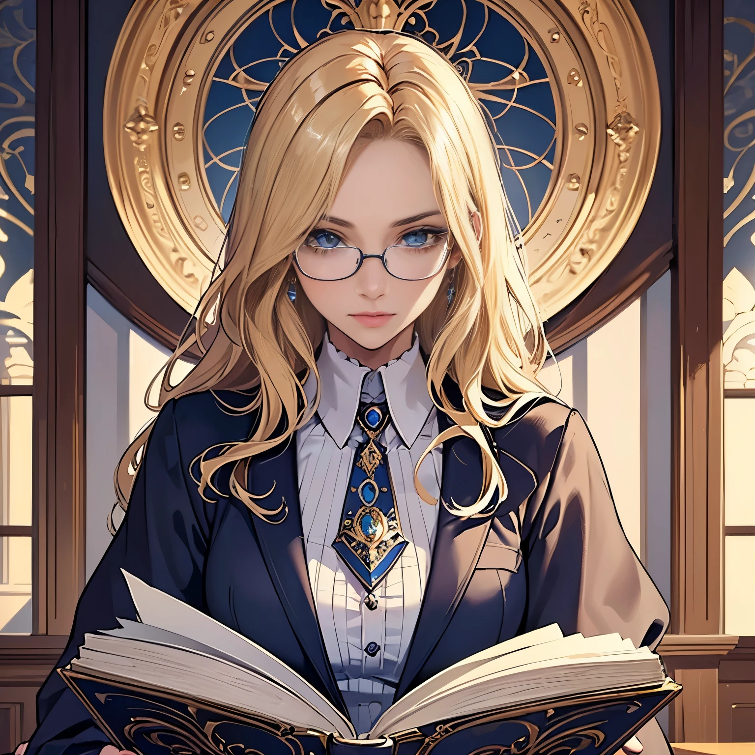 ((best quality)), ((masterpiece)), (detailed),High quality, Ultra detailed, best quality, insanely detailed, beautiful, masterpiece, Glasses,20s,Female,Wizard,Female Teacher,Blonde hair,Blue eyes,Caucasian,Evil female executive,A little more mature