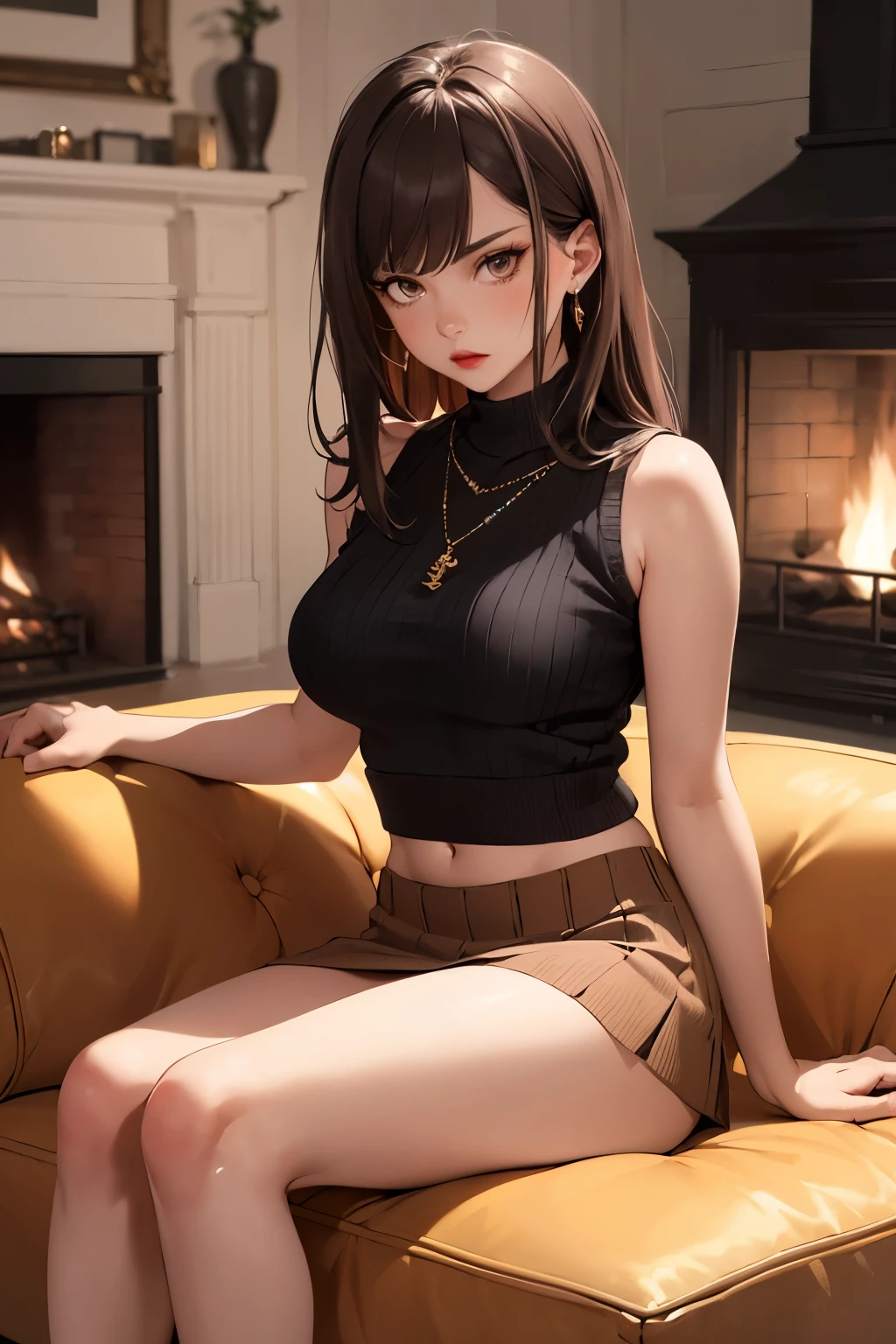 ((best quality)), ((masterpiece)), (detailed), Ridiculous resolution, high resolution, (masterpiece:1.4), Hyper-detailing, a woman. she is . Brown hair. She has bangs in her hair. red lips. (Ultra detailed brown eyes)). she is lying on a sofa by the fireplace. She is wearing a sleeveless cropped woolen sweater. She is wearing a woolen, ribbed mini skirt. necklace. full body shot. she is angry.




