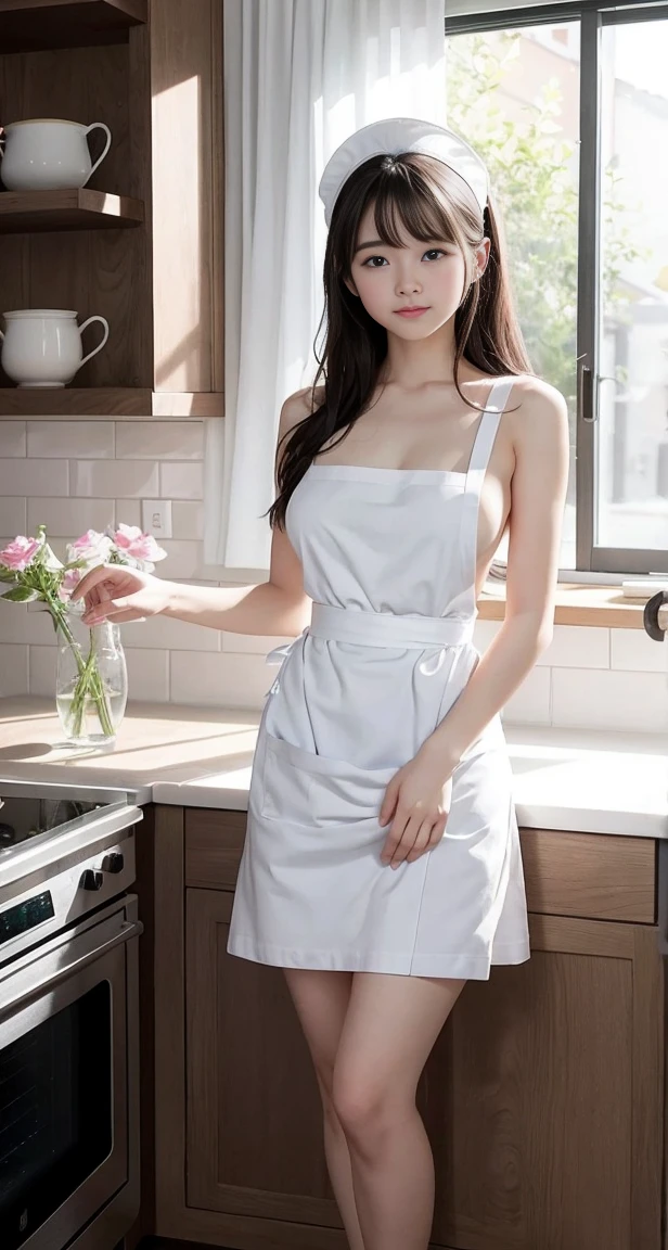 with a girl:her hair is black and short、14 years、laughter、Her face is round and cute、Full body shot、side shot、cooking scene:There is a beautiful シーン floating in the background.、I'm only wearing a white and pink apron、in the kitchen、The シーン is softly painted like a watercolor painting.、It's a dreamy atmosphere。The シーン expresses the imagination and sensibility of the girl、Pubic hair shows completely naked pubic hair) ,more_be familiar with:1.5, (More and more_be familiar with:1.9)、big breasts、brain out、She only wears one apron on her body、((naked apron:1.5))、side shot、Fluffy slippers、((Complete anatomy of a slim woman))