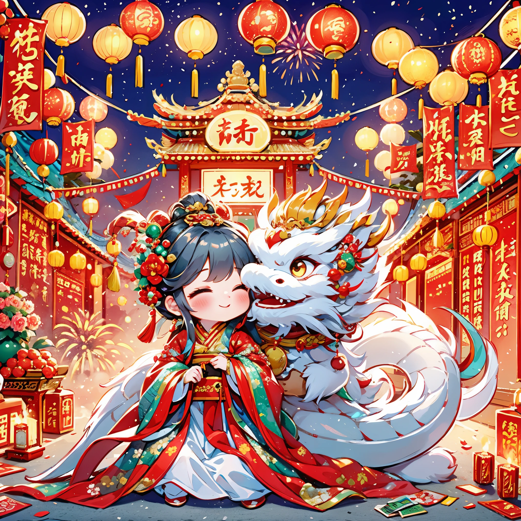 1 girl hugging cute little chinese dragon, chinese little princess, chinese dragon, cute, festival, chinese new year, firecrackers, fireworks, lanterns