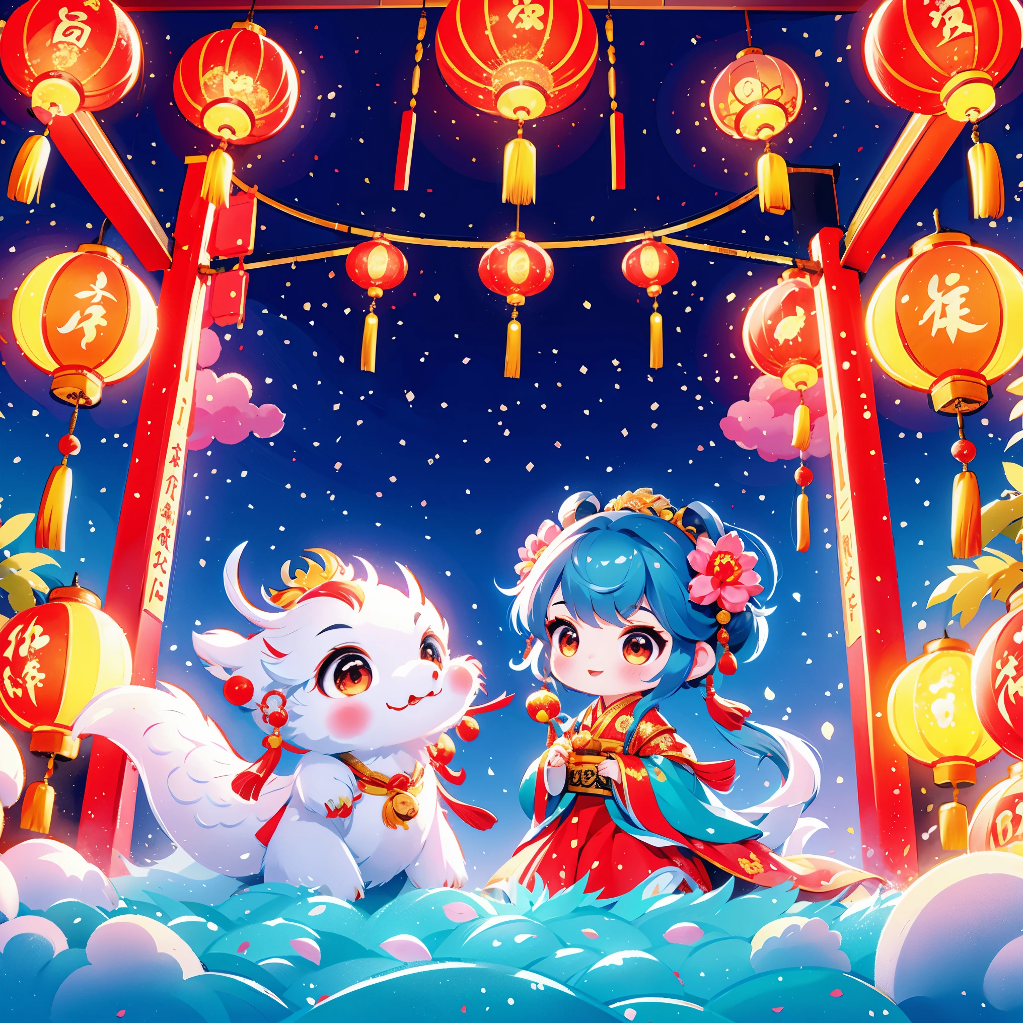 1 女孩拥抱cute的小中国龙，Chinese little princess，Chinese little dragon，cute，festival，Chinese New Year，firecrackereworks，lantern