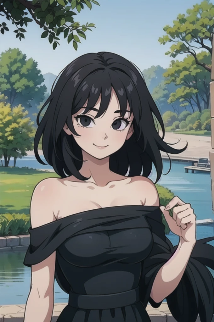 Gine, 1 girl, black hair, black eyes, bare shoulders, strapless, off shoulders, black ruffle off the shoulder top, black maxi dress, close up headshot, intricate details, sharp focus, high resolution, the background of beautiful park with trees and canals, beautiful sunny day, seductive smile