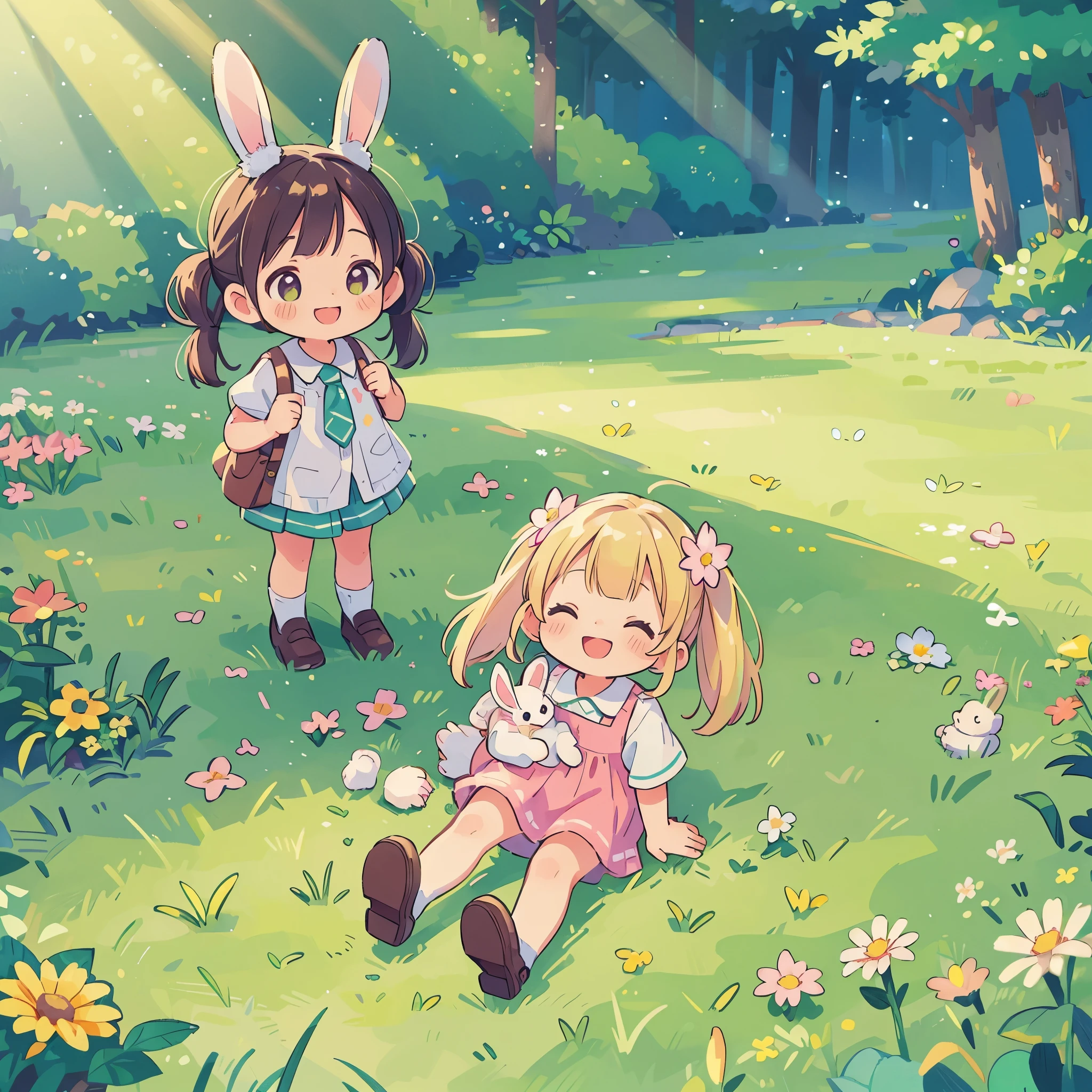 (photorealistic:1.37)、octane rendering、Morning park、Walk with a rabbit doll、Girl has twin tail hairstyle and smiles、Bright colors、soft sunlight、beautiful flower、green grass、playful atmosphere、peaceful environment、detailed texture、Bright colors、cute shoes with accessories、He looks happy