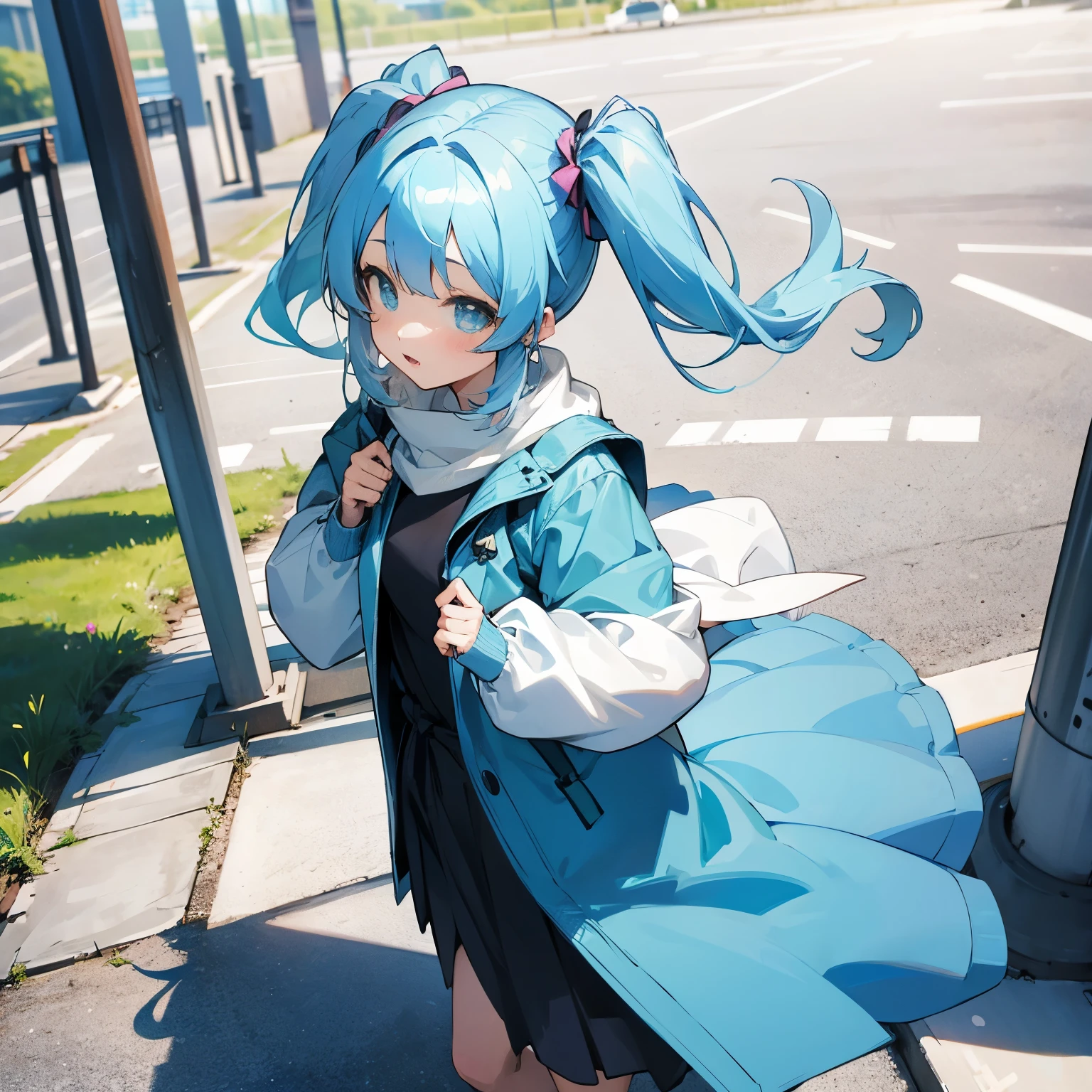Picnic Girl taking a walk Modern anime style Light blue hair Twintails Long