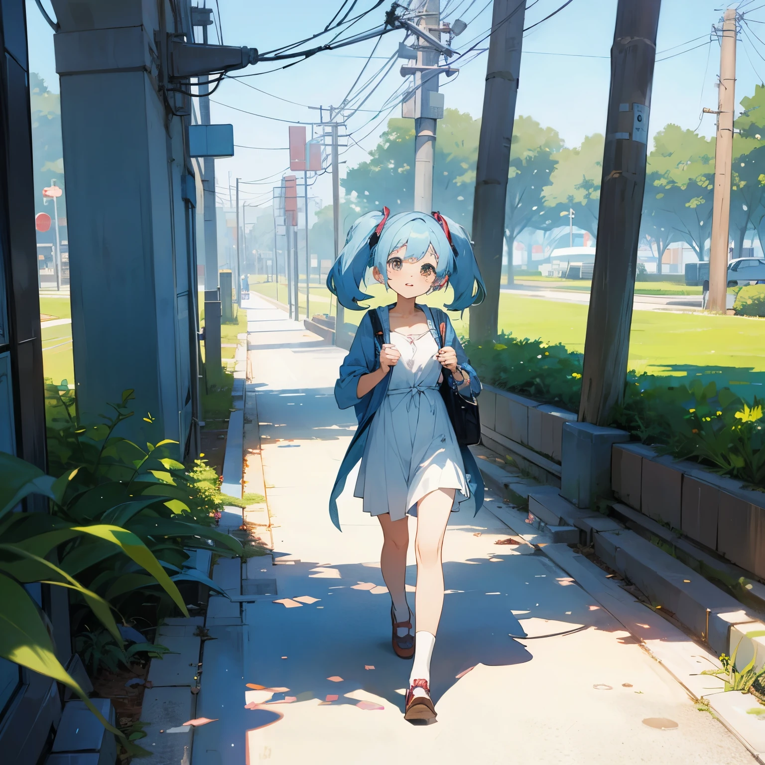 Anime girl walking down a sidewalk with a blue hat and a blue jacket ...