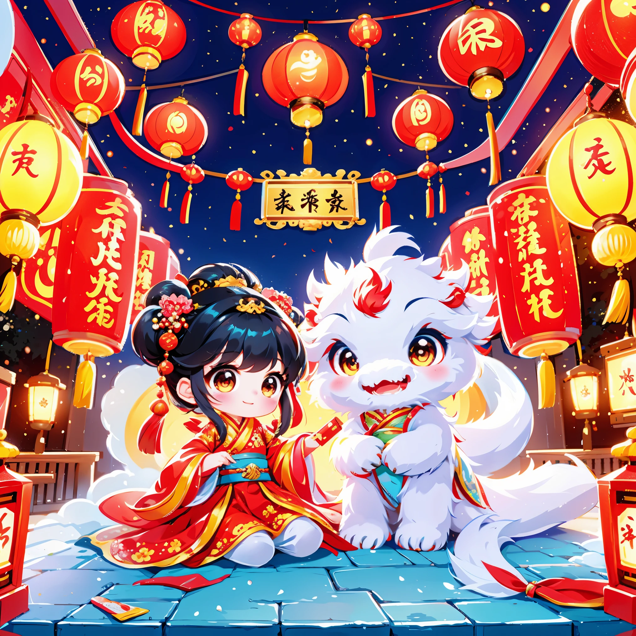 1 女孩拥抱cute的小中国龙，Chinese  princess，Chinese little dragon，cute，festival，Chinese New Year，firecrackereworks，lantern