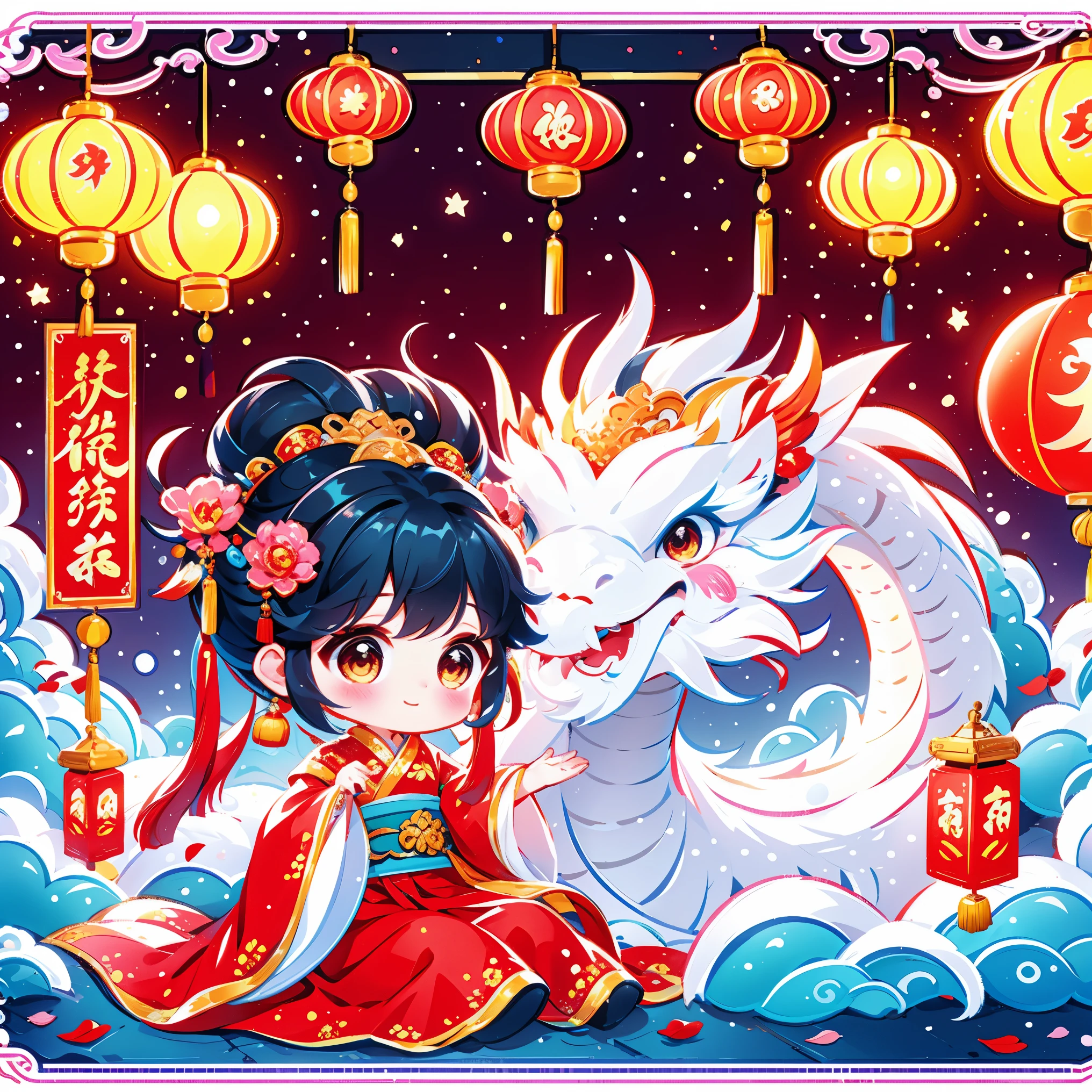 1 女孩拥抱cute的小中国龙，Chinese little princess，Chinese little dragon，cute，festival，Chinese New Year，firecrackereworks，lantern