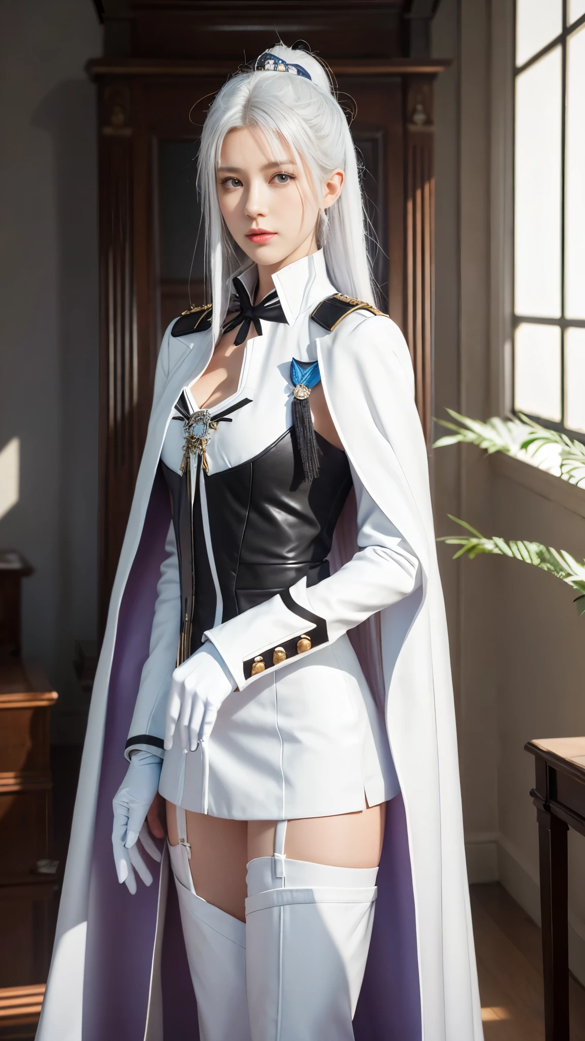 style image of a woman in a white suit and cape, delicate androgynous prince, beautiful androgynous prince, inspired by Li Chevalier, from girls frontline, fine details. girls frontline, from the azur lane videogame, characters from azur lane, azur lane style, girls frontline style, girls frontline cg, official character art, white haired deity