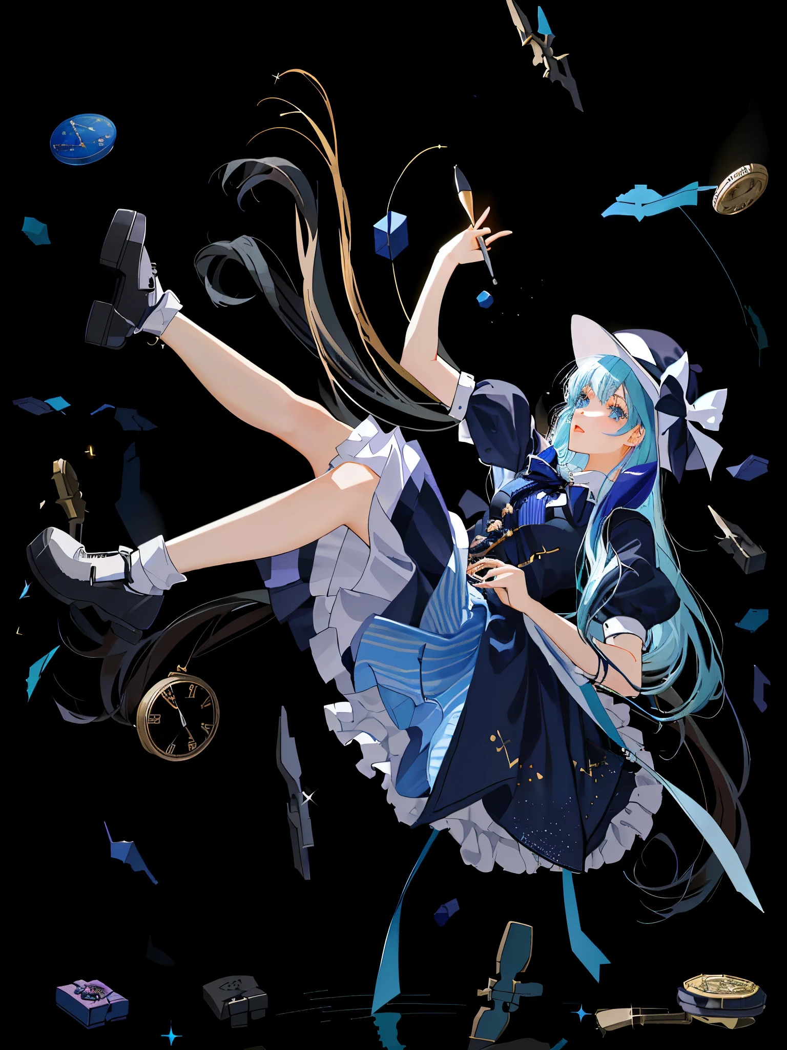 Anime girl with blue hair and a blue dress holding a sword - SeaArt AI