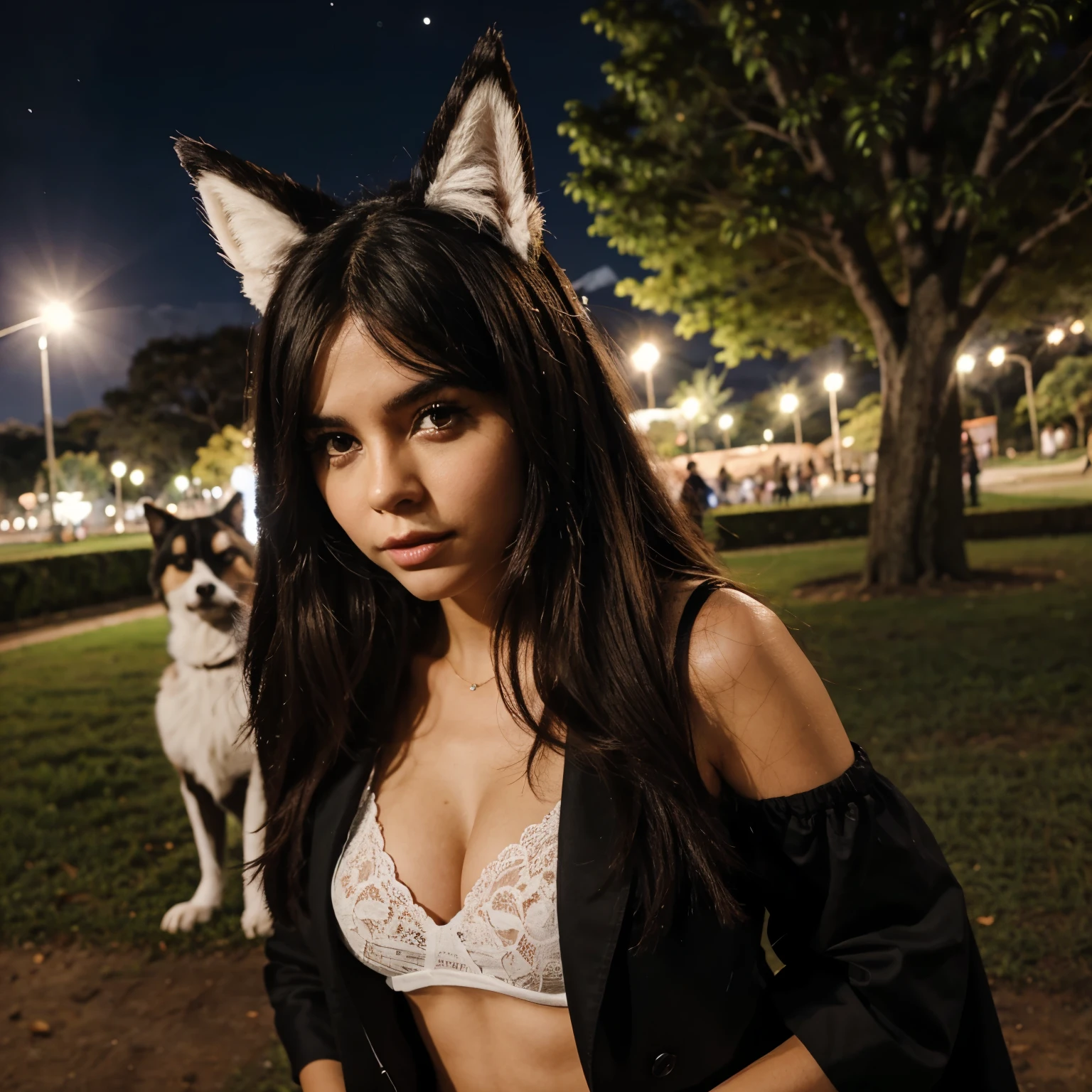 Personagem furry peitos para fora no parque de noite