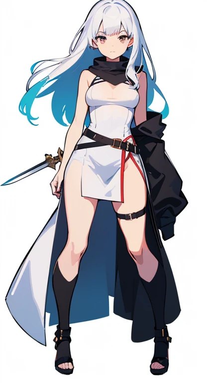 (((Best Quality))) , ((full body)), female, character design, solo, ( white background:1.3), holding sword, thigh high, side slit trench skirt, summer outfit, colorful outfit, bare arms, Bust Bodice, bare waist, standing, backless casual dress, bikini, sideless skirt,
