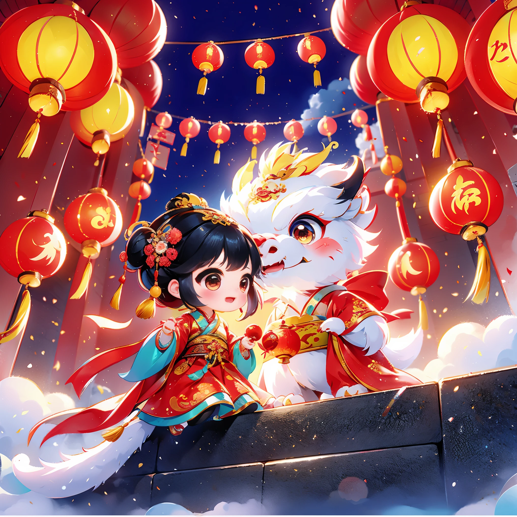 1 女孩拥抱cute的小中国龙，Chinese little princess，Chinese little dragon，cute，festival，Chinese New Year，firecrackereworks，lantern