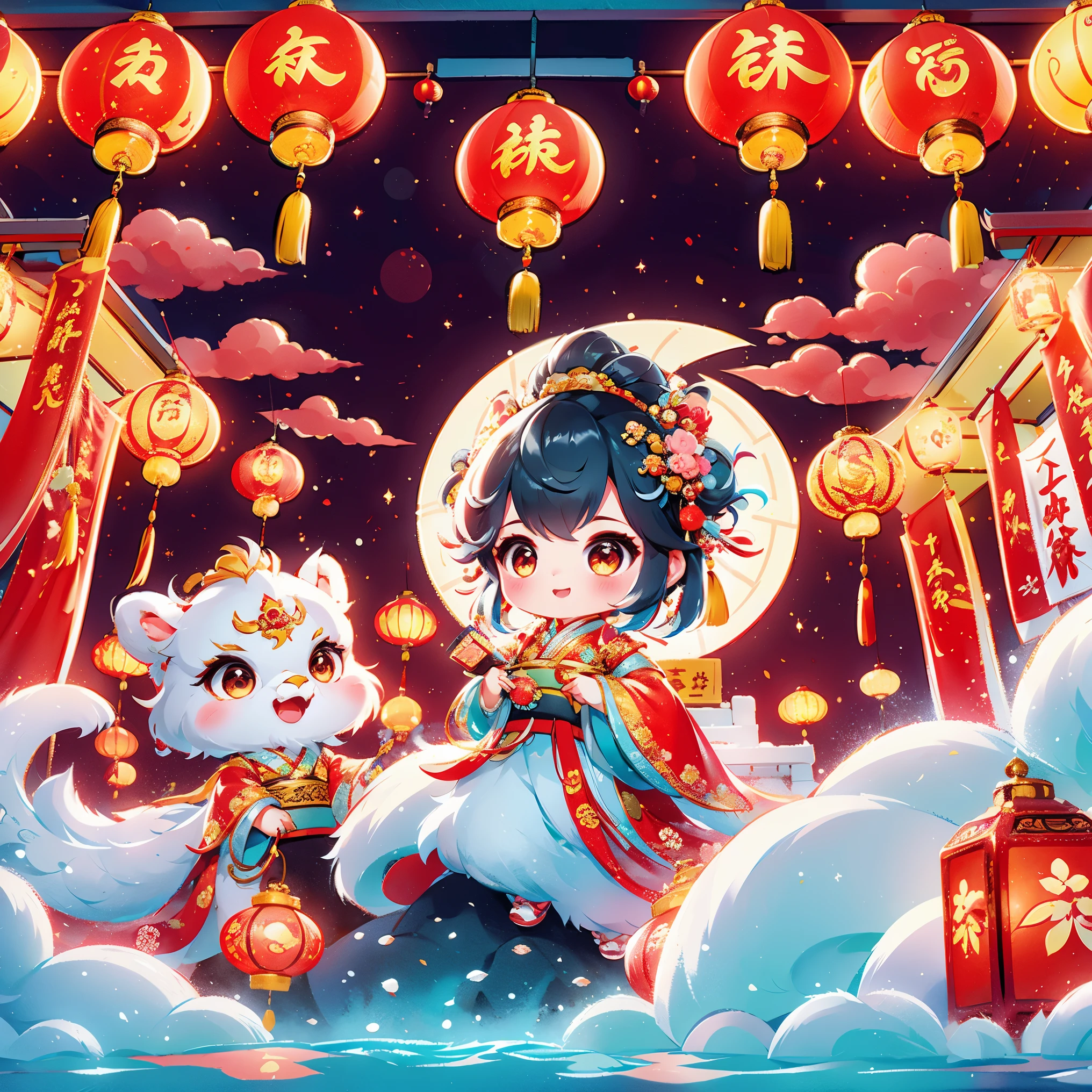 1 女孩拥抱cute的小中国龙，Chinese  princess，Chinese little dragon，cute，festival，Chinese New Year，firecrackereworks，lantern