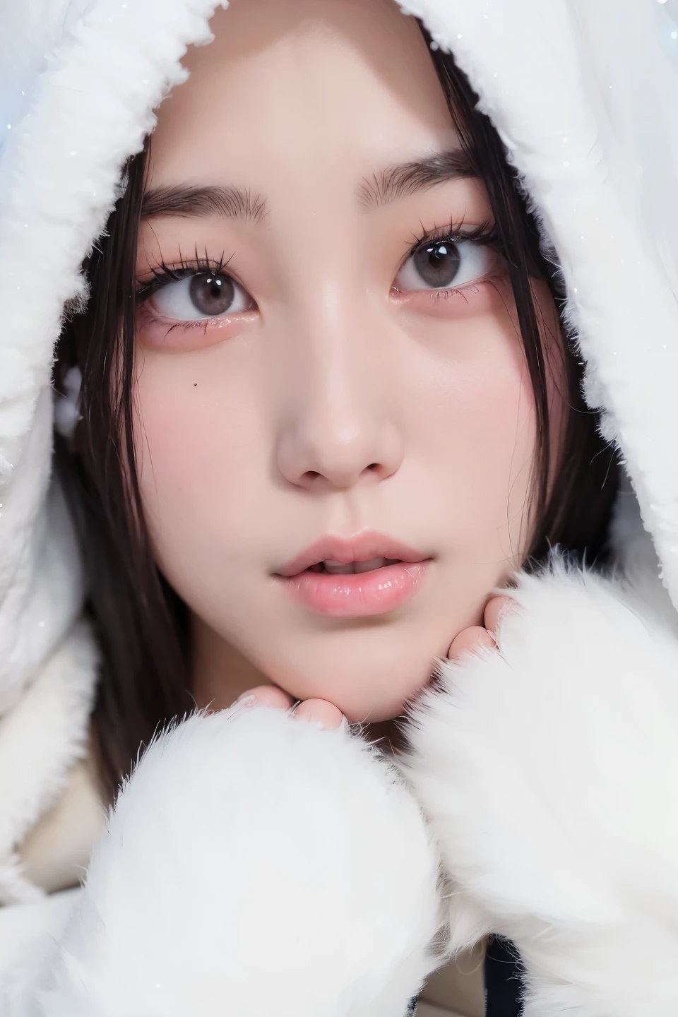 a close up of a woman wearing a white coat and a hood, wan adorable korean face, young adorable korean face, pale snow white skin, jinyoung shin, ulzzang, icy eyes, korean face features, beautiful aesthetic face, with cute doting eyes, jaeyeon nam, cute-fine-face, cute - fine - face, with cute - fine - face