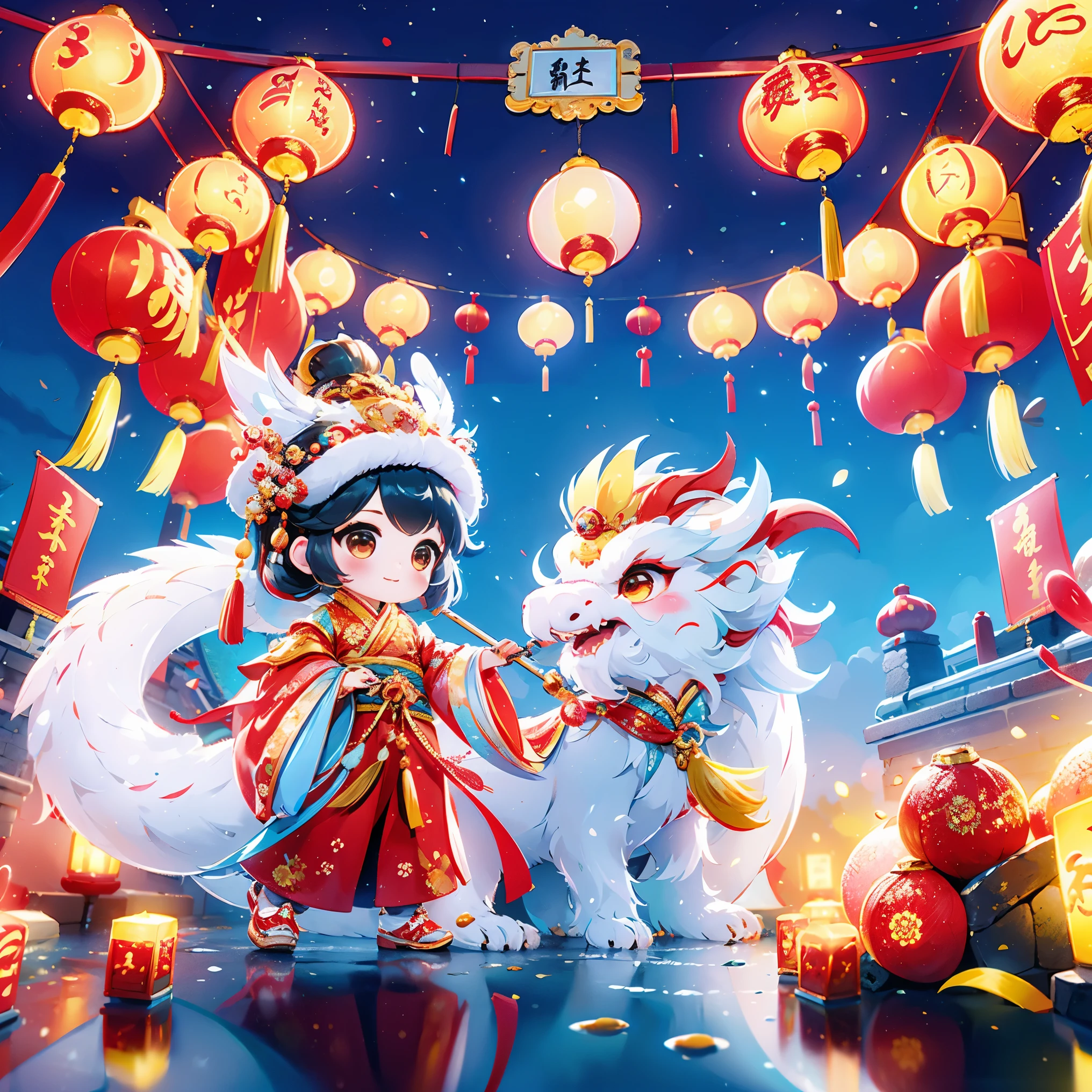 1 女孩拥抱cute的小中国龙，Chinese little princess，Chinese little dragon，cute，festival，Chinese New Year，firecrackereworks，lantern