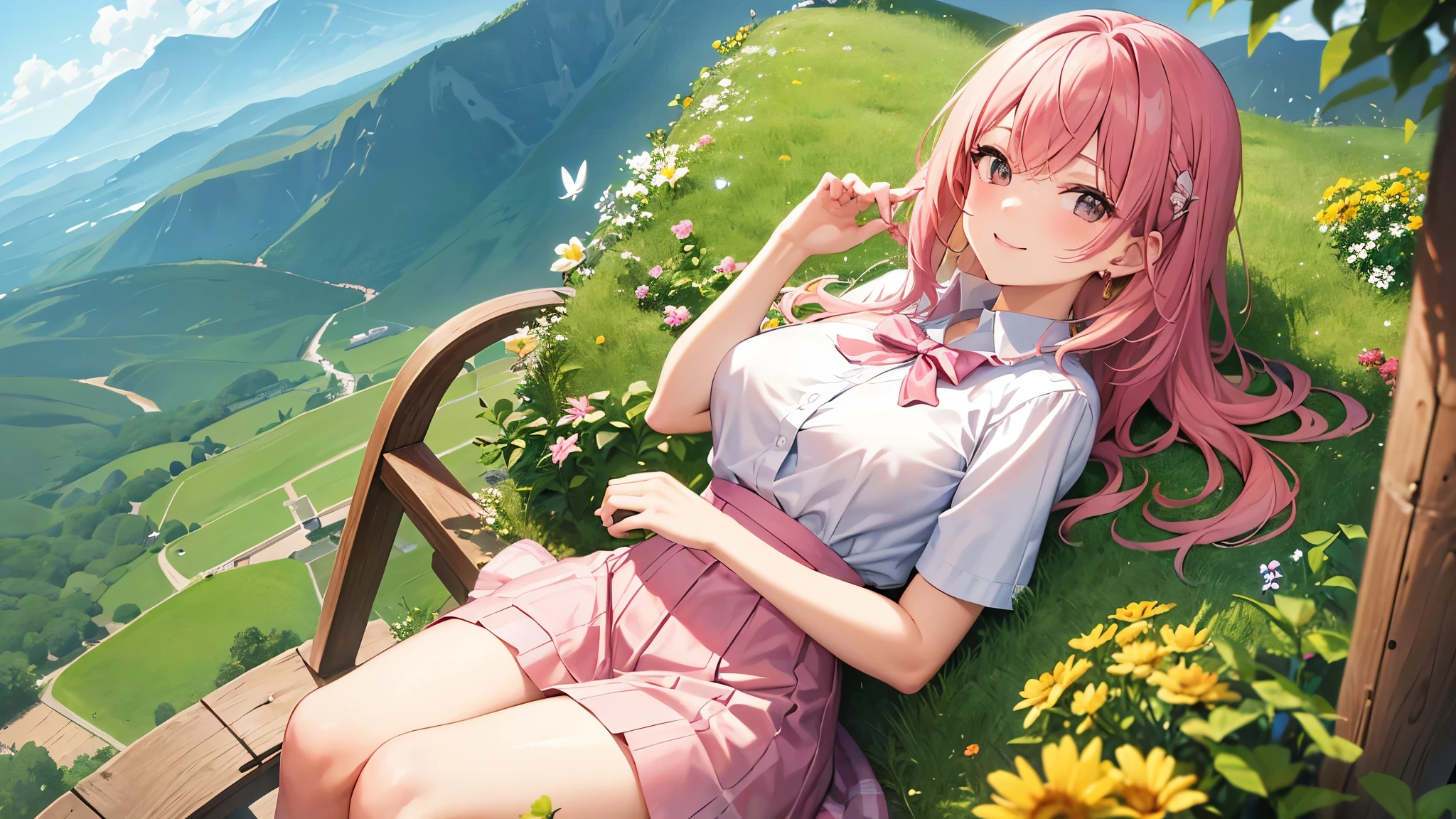 (highest quality、1.2、masterpiece:1.2)、Super detailed、real、HDR、UHD、professional、Portrait、fine art、anime、concept artist、colorful、bob haircut、medium long hair、pink hair、sweet smile、((nipple))、beauty of nature、Surrounded by wildflowers in a meadow、enjoying the warm sunshine、A breeze rustling the air、adorable hair accessories、white shirt、pink skirt、playful atmosphere、Butterflies and birds fluttering around her、add a little whimsy