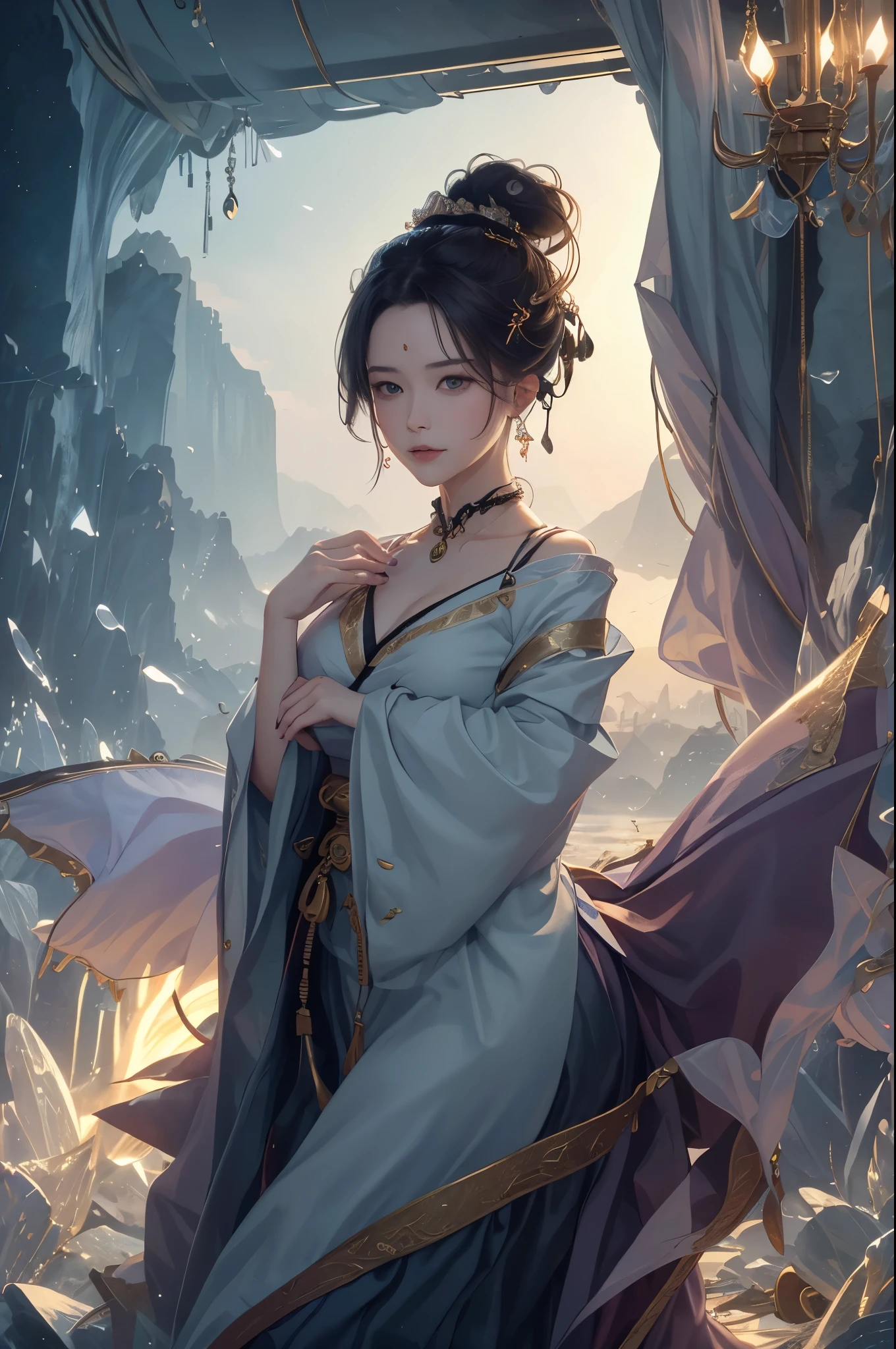 Masterpiece, Best quality, Masterpiece,Best quality,offcial art,Extremely detailed Cg Unity 8K wallpaper, Night, stars, against backlight at dusk, Realistic, Photo, Real, landscape/scenery, Huge_filesize, the wallpaper, A MILF, Long hair, Purple hair, curly_Hair, Makeup , Light smile, Blue eyes, Medium breasts, Japanese_clothes, Obi, hair-bun, double bun hair, Earrings, jewelry, pendant, Black choker , wariza/W-sitting, Sit on the, Lying ,