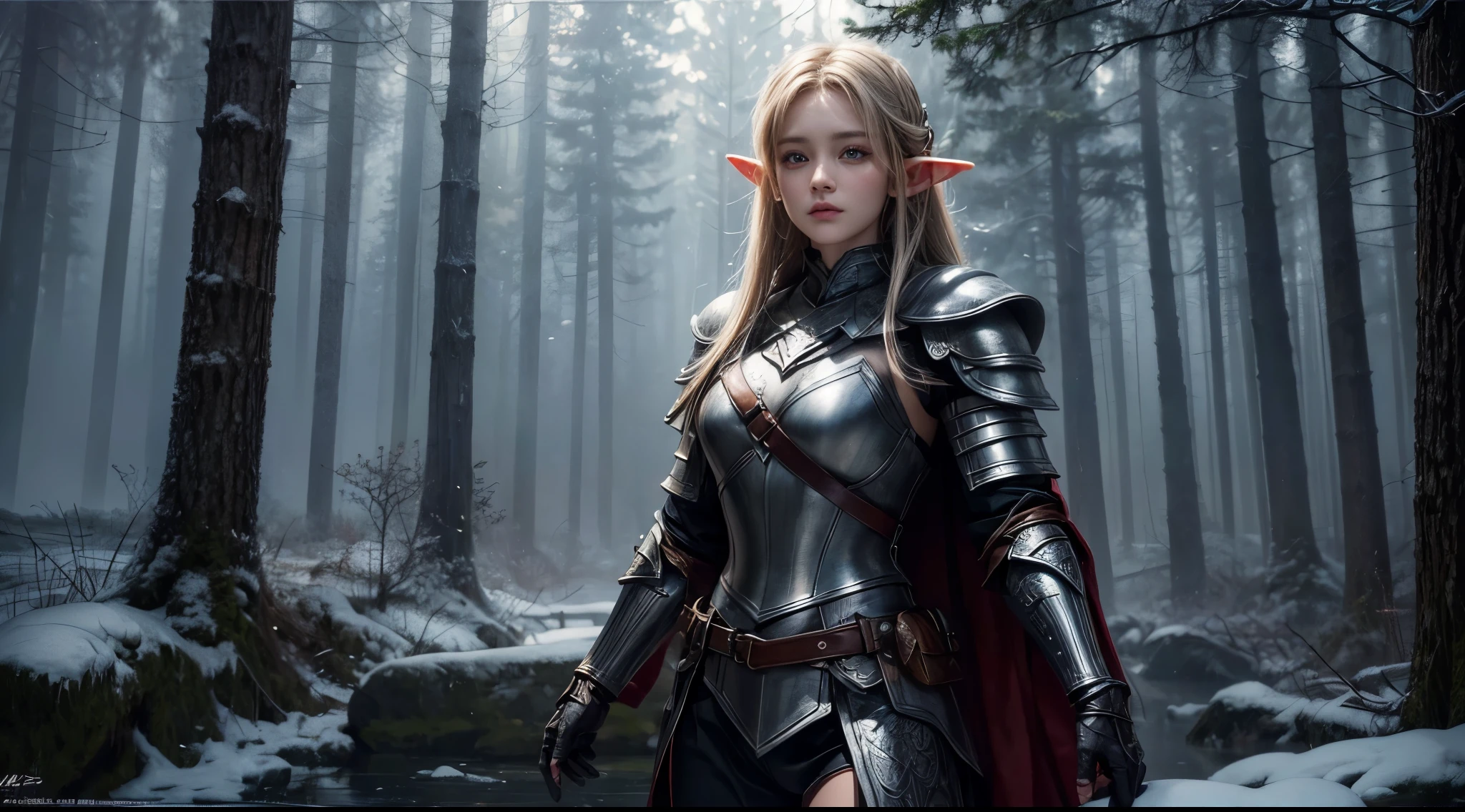 original photo, (best quality:1.3), high resolution, (masterpiece), (lifelike:1.4), Professional photography, sharp focus, high dynamic range, 8K resolution, intricate details, Exquisite details, depth of field, Extremely detailed CG unified 8k wallpaper, masterpiece，poster，best quality，official art，（Beauty and aesthetics：1.2），（masterpiece：1.3），female elf，Lightweight leather armor，Complex patterns，winter，forest，medium distance photography，（midnight），dramatic