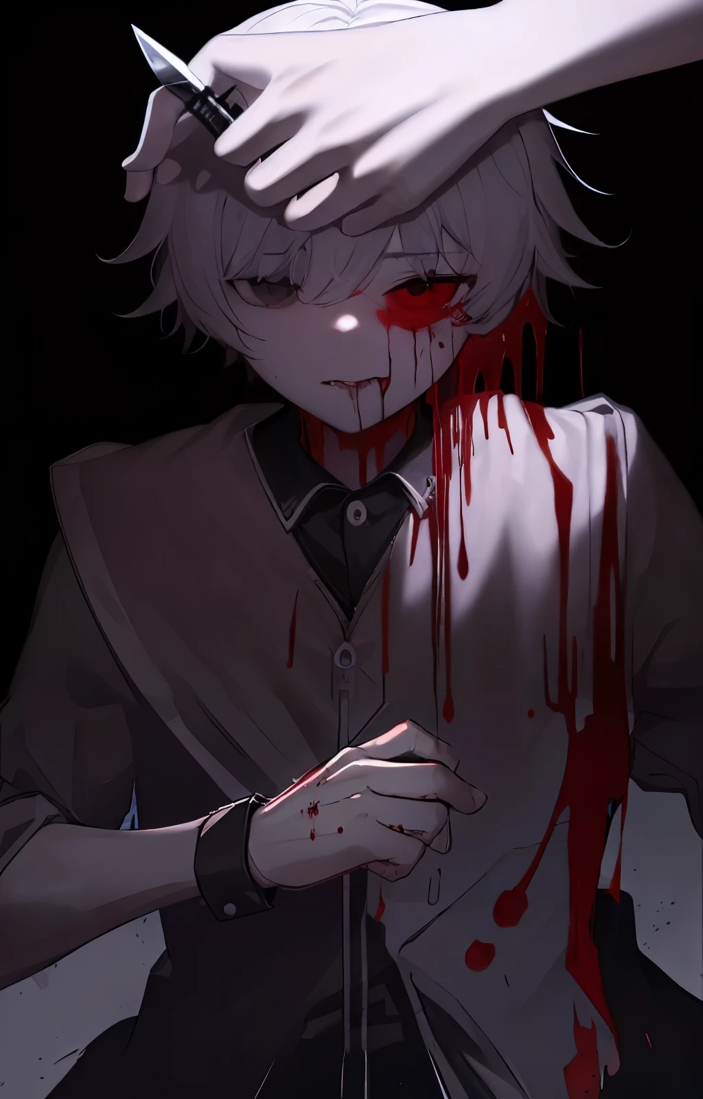 anime character with Blood dripping down his face and hands, gapmoe sick, gapmoe sick grimdark, sick, portrait gapmoe sick grimdark, Danganronpa digital art, his eyes are, Bloody + concept art, Komaeda Nagito, guweiz, Kaneki Lab, [[Blood]]