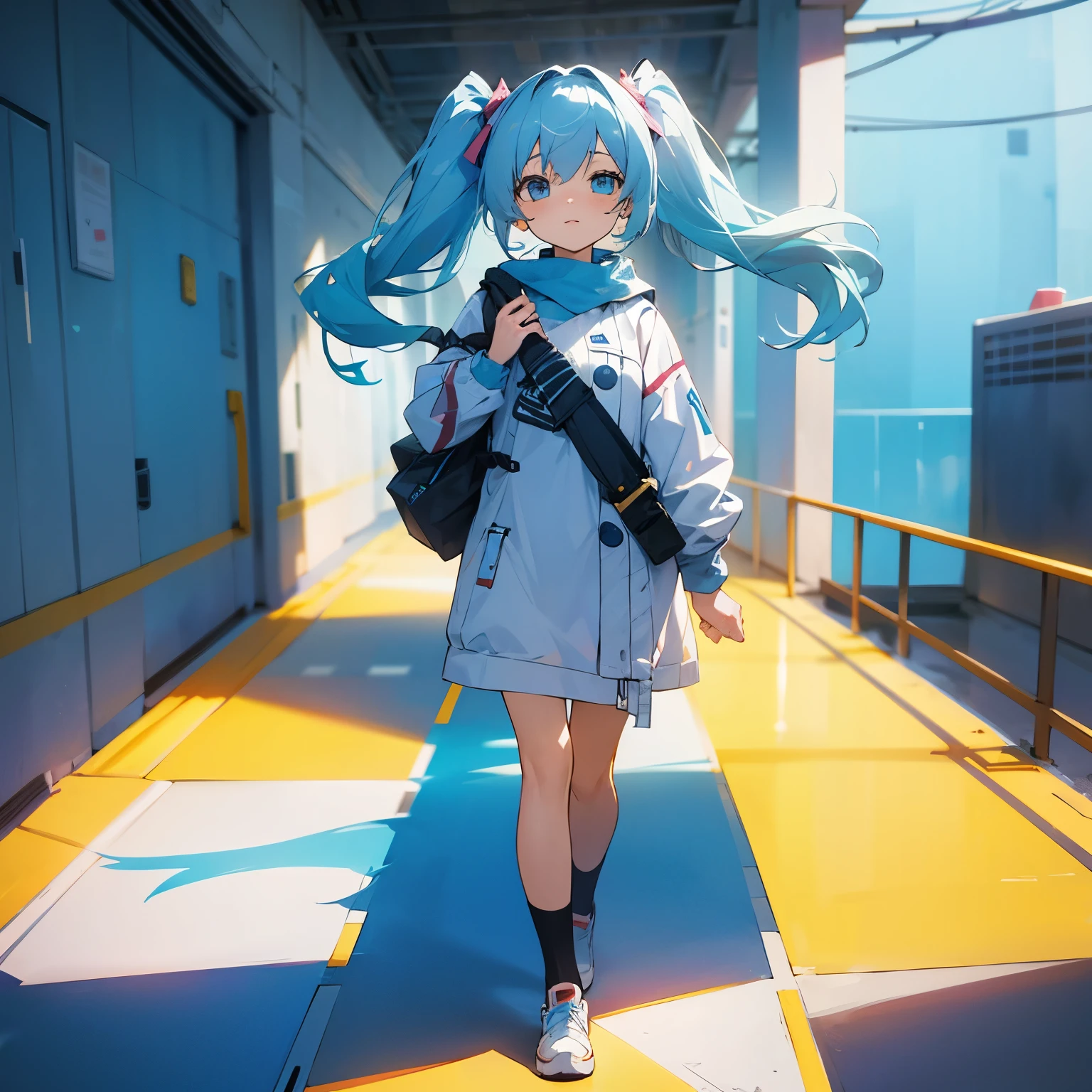 Walking girl modern anime style light blue hair twintails long