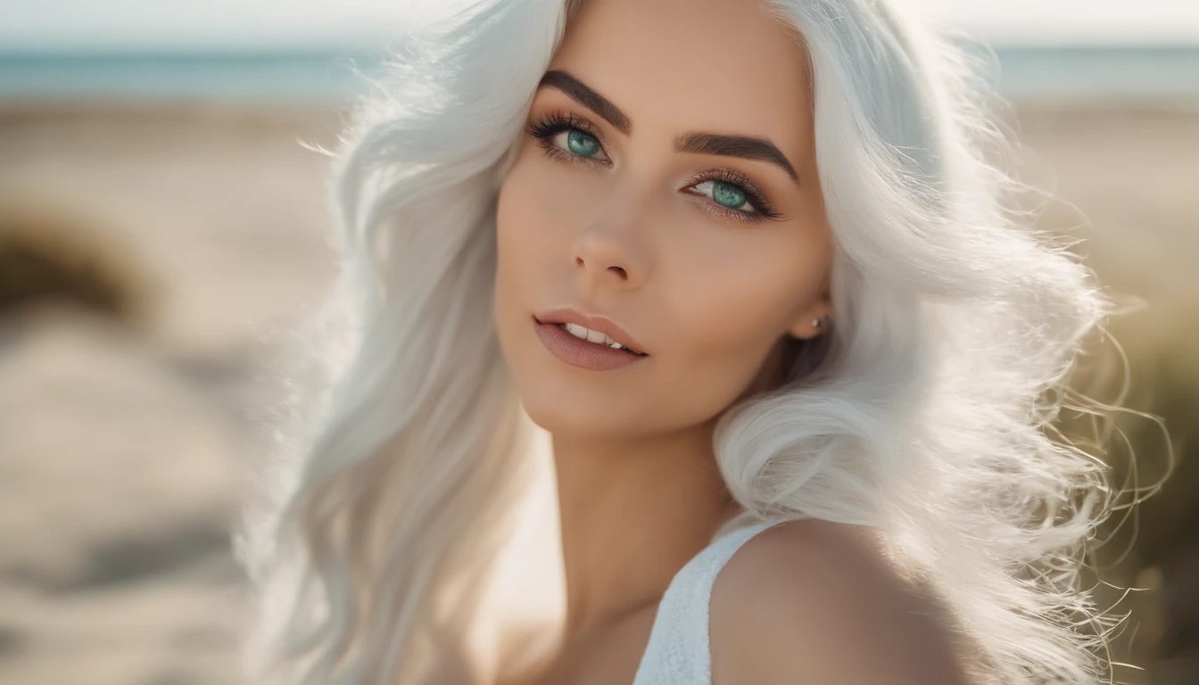 white, durchsichtiges, short tank top dress for girls, sexy girl with green eyes, Portrait of Sophie Mudd, (Big eyes:1.2 ), (Subtle turquoise eyes), (Voluminous white hair: 1.8), (white hair), (Big eyes), (white hair), (Big eyes), (white hair), (Big eyes), Selfie einer jungen Frau, ohne Makeup, natural makeup, Direkter Blick in die Kamera, Gesichter mit Artgrams, dezentes Make-up, Amazing full body shots, Pierced green eyes, Nice angles, Attraktive Pose, sweet girl, sexy Pose, Full body photo, s whole body, Full body shooting, White hair goddess, Hohe Detailgenauigkeit, Befriedigende Pose, Strand, Wellen, Sonniges Wetter, scheinende Sonne, (Haare wehen im Wind), Sonniges Wetter, scheinende Sonne, (Haare wehen im Wind), (Haare wehen im Wind)
