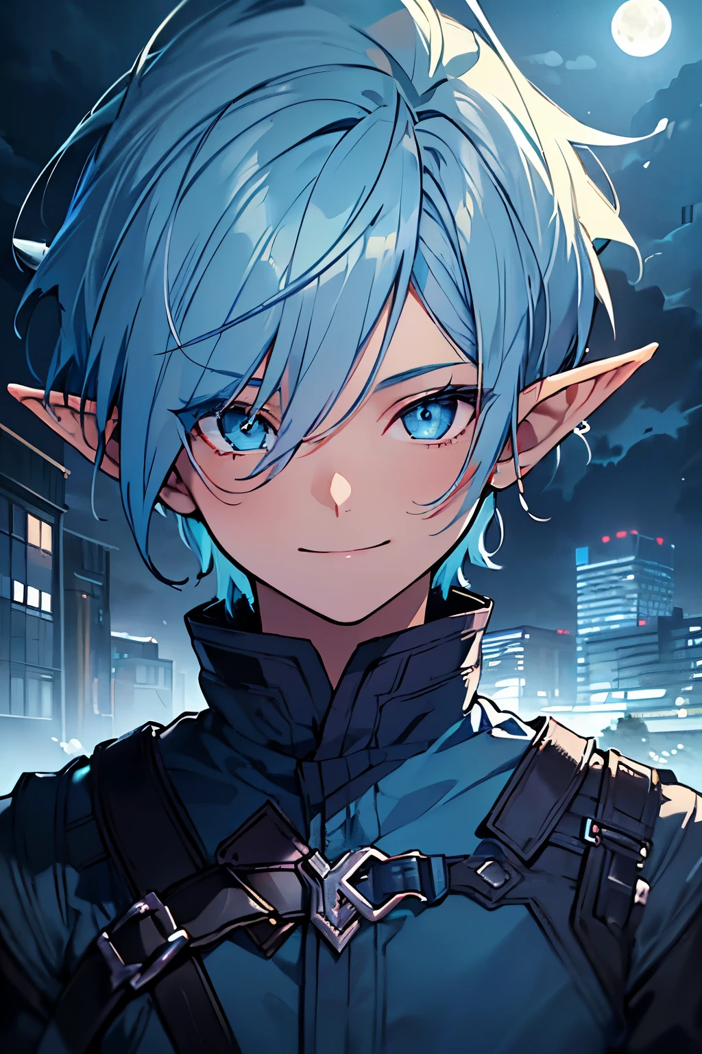 masterpiece, best quality, ((1boy)), (colorful), (finely detailed beautiful eyes and detailed face),cinematic lighting,bust shot,extremely detailed CG unity 8k wallpaper, sky, cloudy_sky, building, moonlight, moon, night, (dark theme:1.3), light, fantasy, ((Pastel Blue Eyes)) ((Elf Ears)) (((Tech clothes))) (((blue Hair))) ((Smiling)) ((Short Hair))