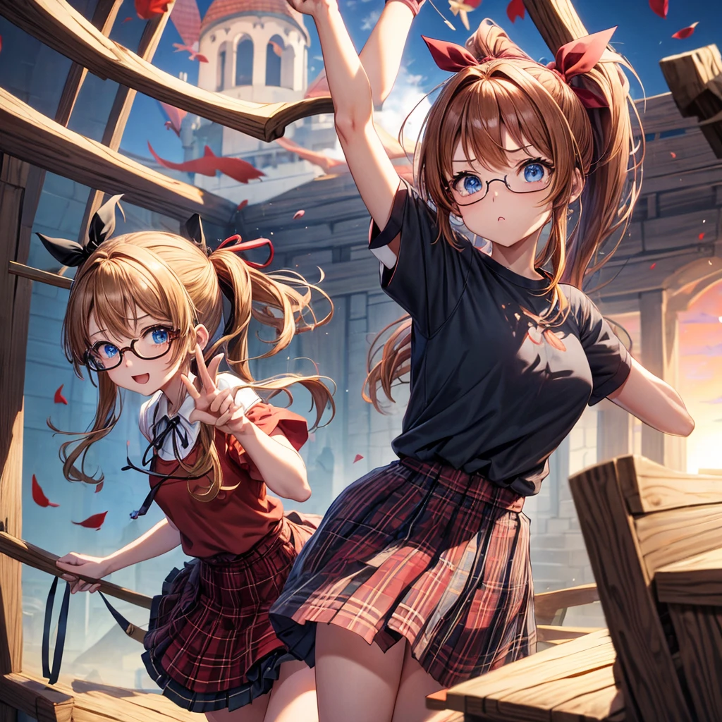reddish-brown blonde、blue hair、blue eyes、ponytail、one good looking girl、solo、anime、Plaid miniskirt、camisole、black t-shirt、Tilting your face、Doing the ribbon、Ribbon at waist、sunset sky、broken ta、tunnel、Fallen leaves、wearing glasses、Light and shadow、maze、monster castle、lanthanum、corridor、One leg is raised、pinwheel、castle floating in the air、7 cylinders、Jewelry box、flag
