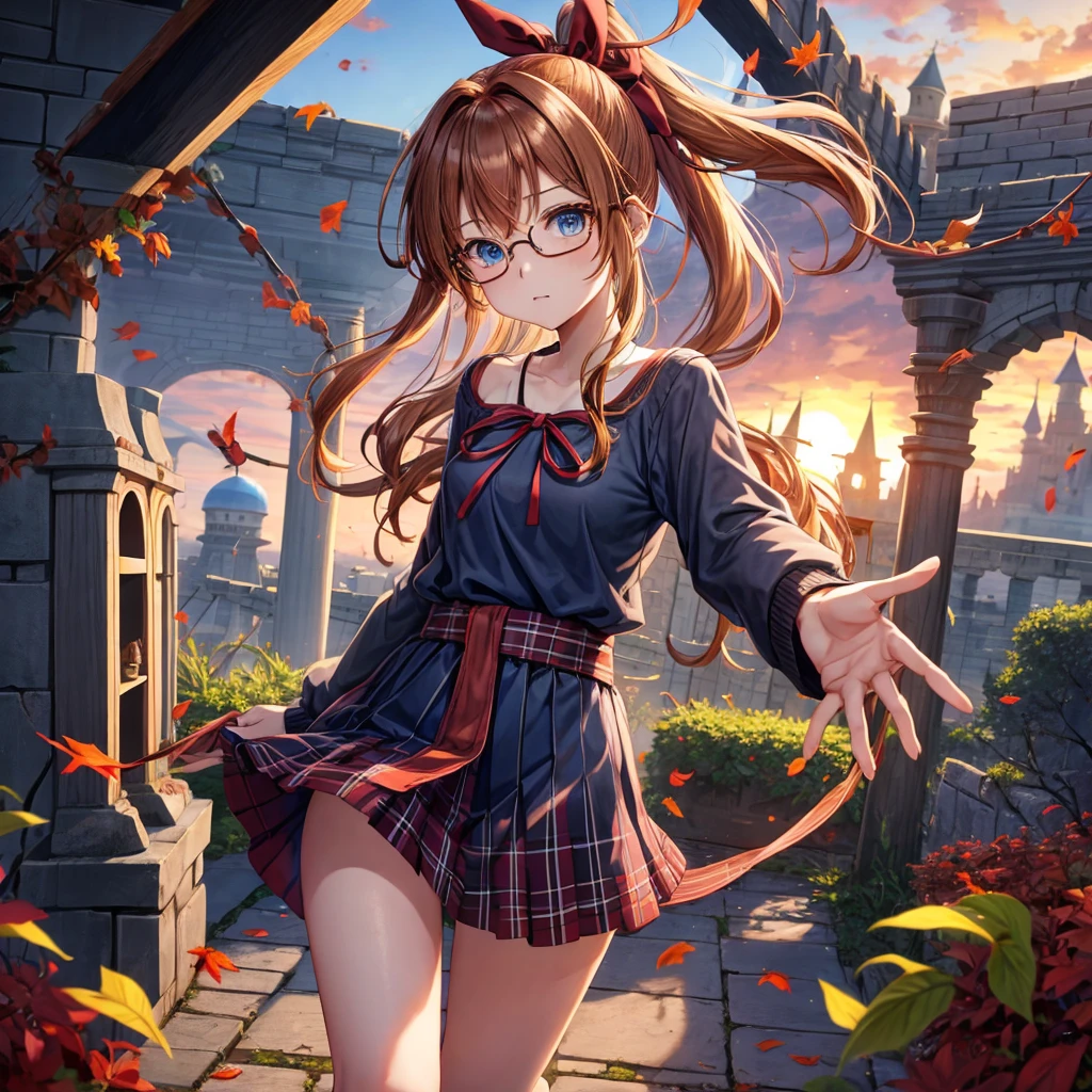 reddish-brown blonde、blue hair、blue eyes、ponytail、one good looking girl、solo、anime、Plaid miniskirt、camisole、black t-shirt、Tilting your face、Doing the ribbon、Ribbon at waist、sunset sky、broken ta、tunnel、Fallen leaves、wearing glasses、Light and shadow、maze、monster castle、lanthanum、corridor、One leg is raised、pinwheel、castle floating in the air、7 cylinders、Jewelry box、flag