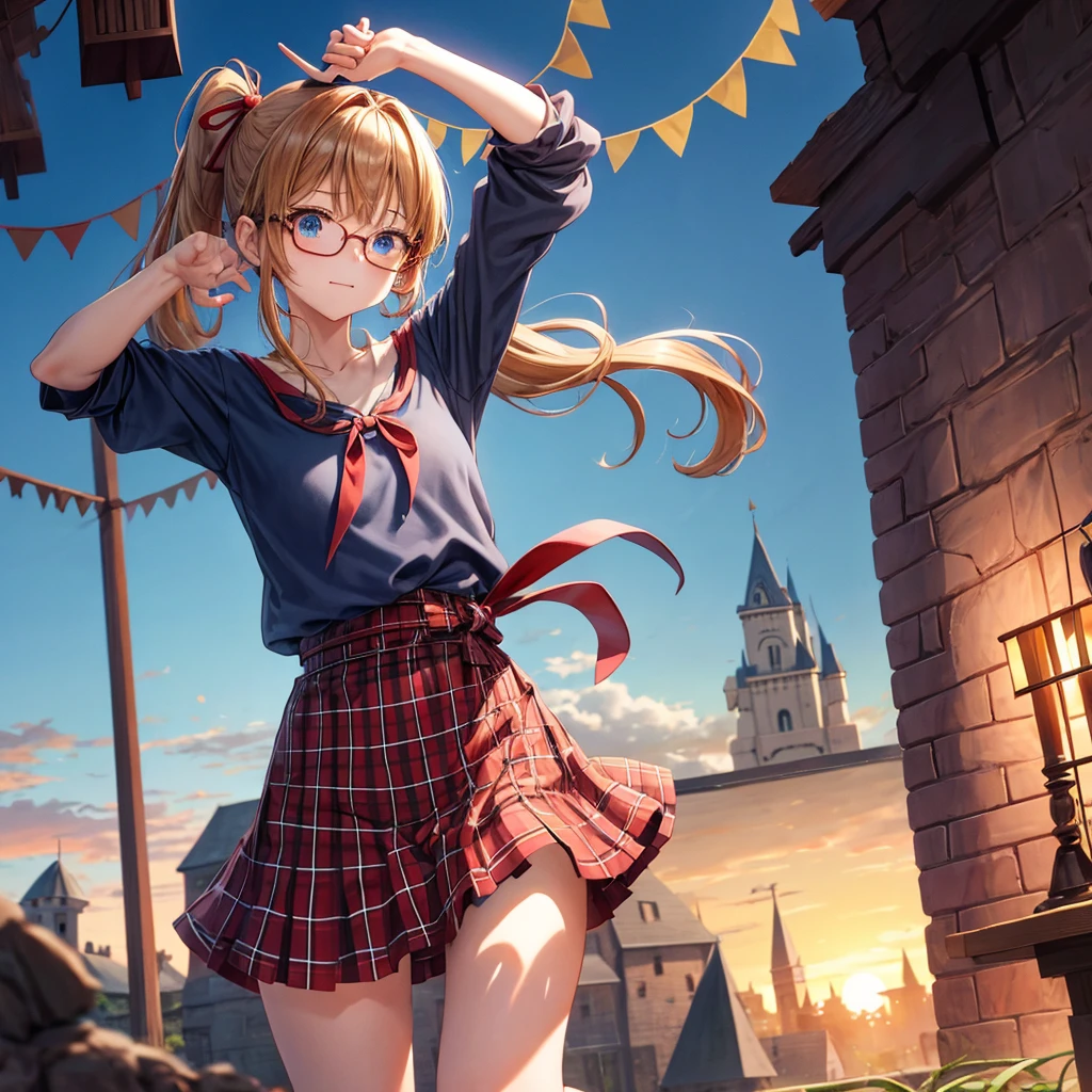 reddish-brown blonde、blue hair、blue eyes、ponytail、one good looking girl、solo、anime、Plaid miniskirt、camisole、black t-shirt、Tilting your face、Doing the ribbon、Ribbon at waist、sunset sky、broken ta、tunnel、Fallen leaves、wearing glasses、Light and shadow、maze、monster castle、lanthanum、corridor、One leg is raised、pinwheel、castle floating in the air、7 cylinders、Jewelry box、flag