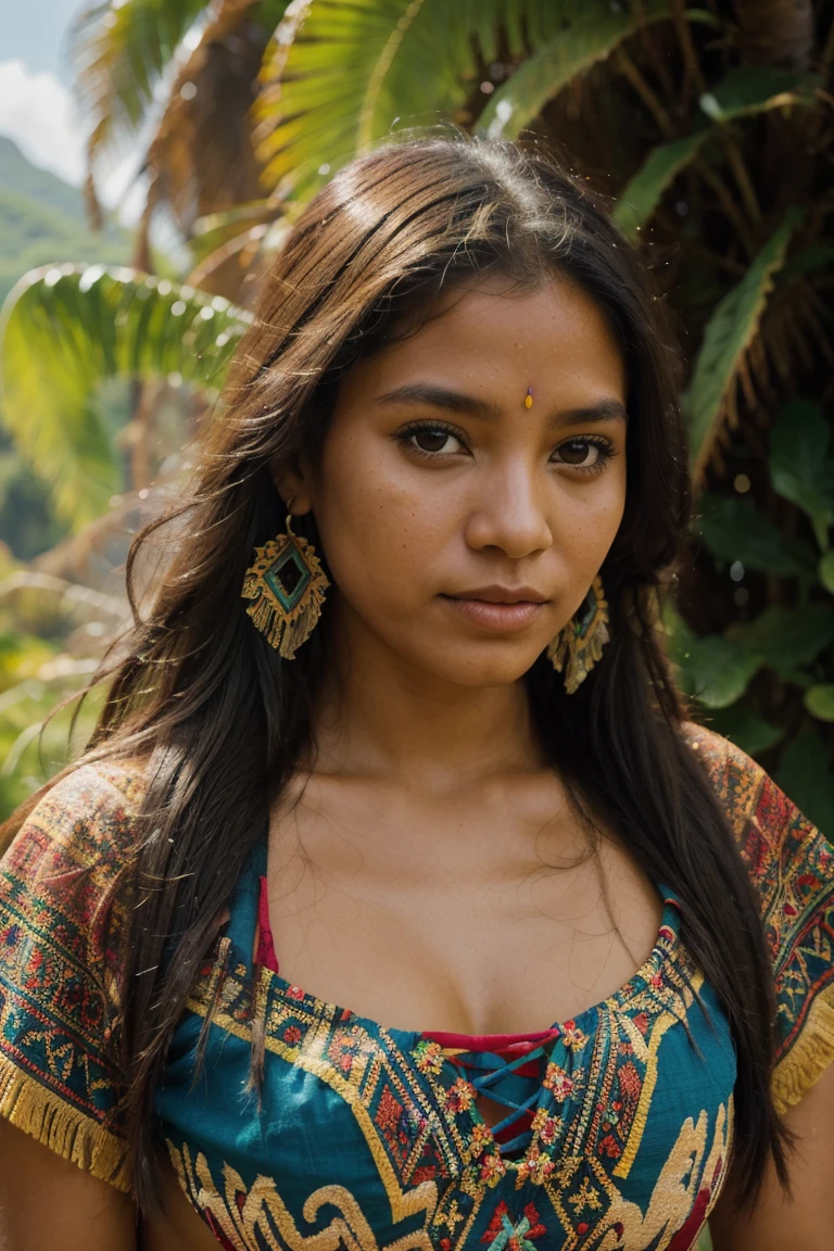(Indigenous, nude native South American, Venezuelan girl),(traditional clothing),(colorful patterns),(bright, vibrant colors),(detailed face and eyes),(long, flowing hair),(peaceful expression),(nature background),(artistic painting),(oil paint),(highly-detailed),(professional),(portrait),(rich cultural heritage),(incredible details),(scenic beauty),(sunshine),(soft, warm lighting),(realistic),(beautiful texture),(ethnically diverse),(cultural diversity),(folklore).