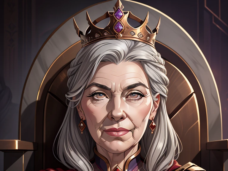 masterpiece, best quality, realistic, 1woman, mature female, quiet and charming woman, 80 year old, a smirk, closed mouth, white skin, portrait, extremely detailed face, cold and smirk, ((bronze eyes)), (( gray hair)), [thin eyebrows], rose gold crowned, dark palace, ((Queen)), dim light, evil, throne background
