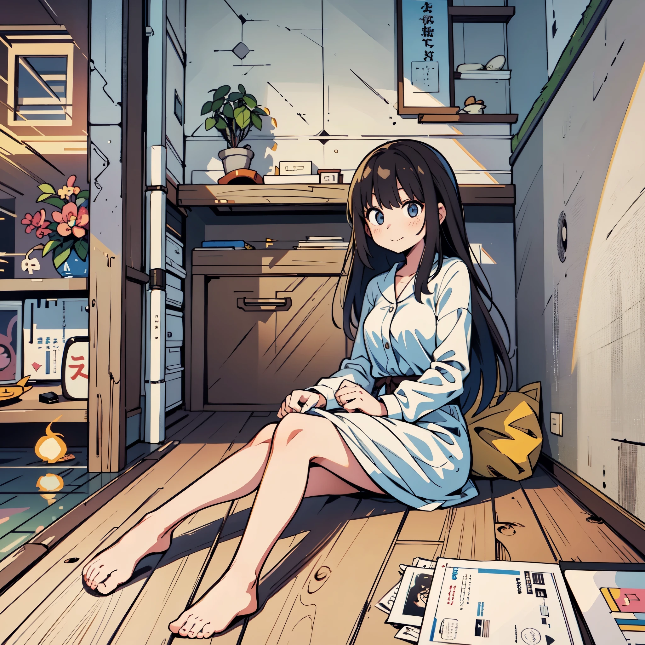 "Illustrate a cozy scene featuring a young girl in a relaxed setting. She is sitting by a wood stove (薪ストーブ) with a Yogibo bean bag, enjoying bread (パン) while watching TV or YouTube. Emphasize the warmth of the fire, the comfort of the Yogibo, and the 's delight in her surroundings. Convey a sense of relaxation and family bonding in this harmonious atmosphere. Generate a high-quality image that captures the essence of a carefree and enjoyable moment with a young girl, combining elements of comfort, entertainment, and family togetherness.