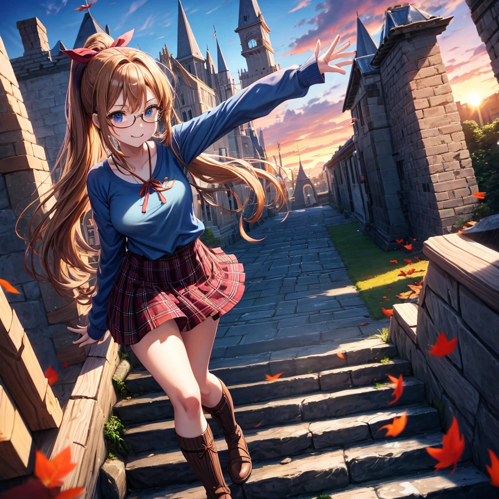 reddish-brown blonde、blue hair、blue eyes、ponytail、one good looking girl、solo、anime、Plaid miniskirt、camisole、black t-shirt、Tilting your face、Doing the ribbon、Ribbon at waist、sunset sky、broken stone steps、tunnel、Fallen leaves、wearing glasses、Light and shadow、maze、monster castle、lanthanum、corridor、One leg is raised、pinwheel、castle floating in the air、7 cylinders、Jewelry box、flag