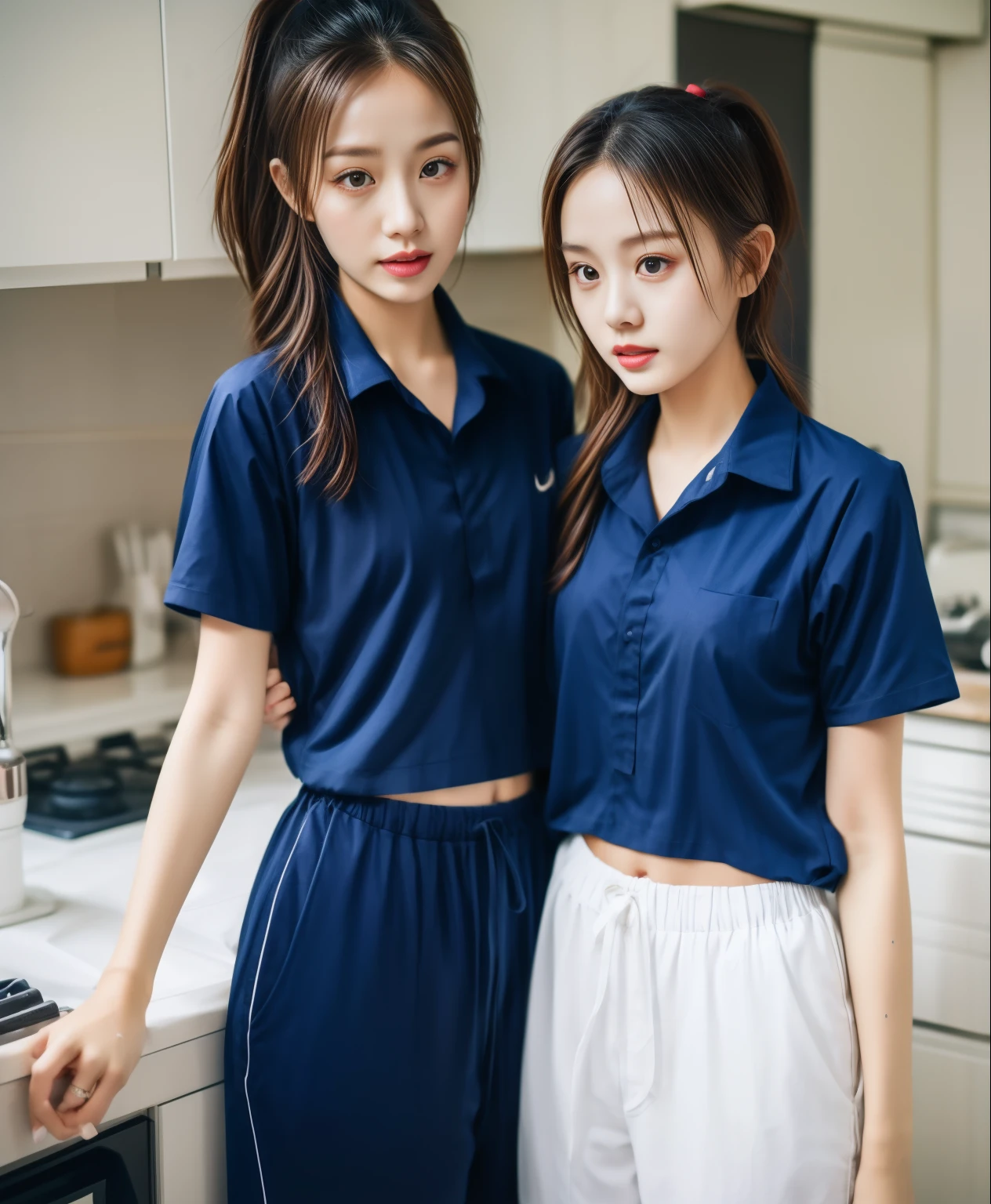 2 Girls in the Kitchen, Navy blue short-sleeved shirt,Navy Long Trackpant,Sweatpants, Sweatpantsขายาว,25 year old girl, lesbian, sexy, exercise clothes, wet body