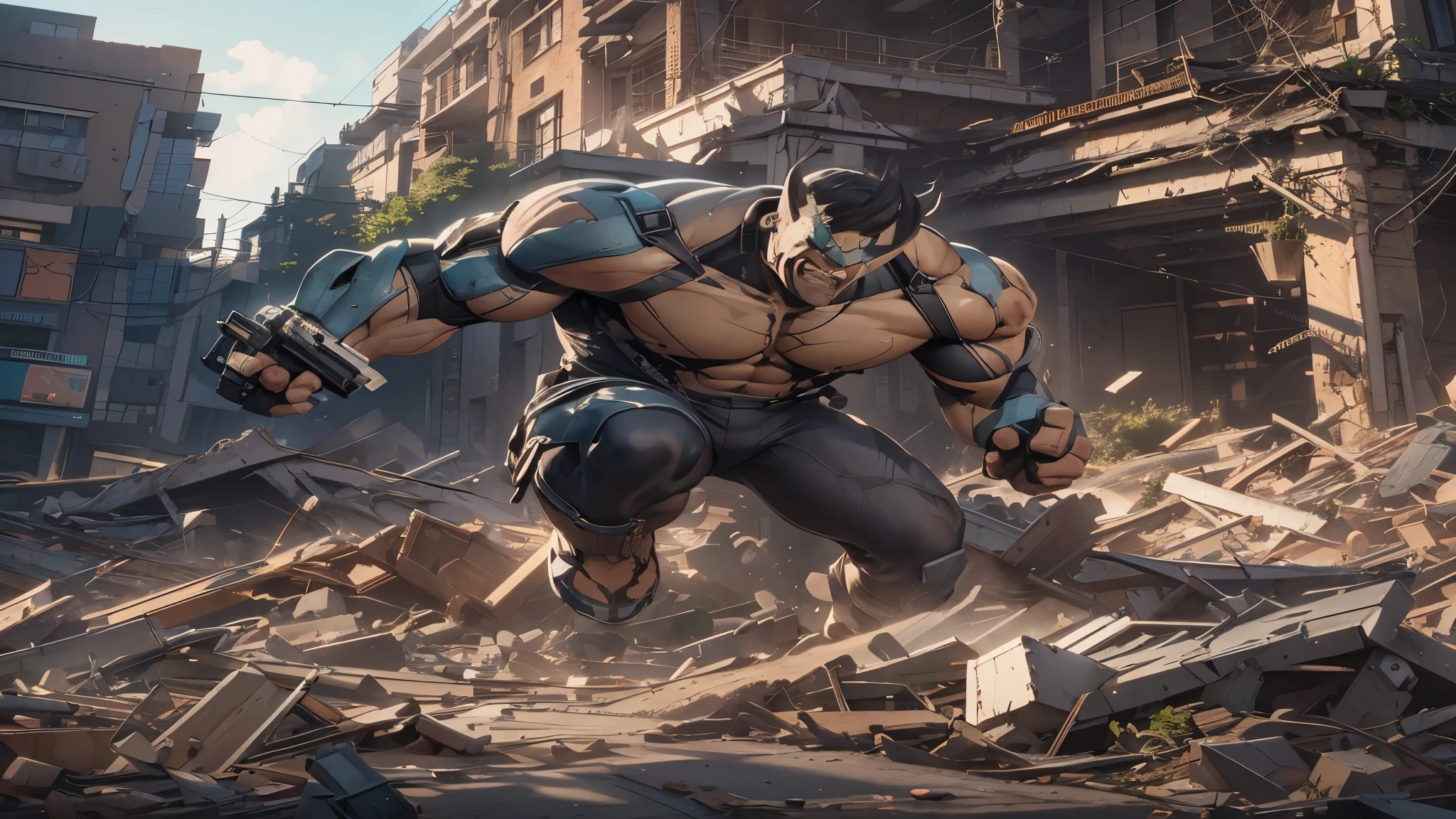 Capture the explosive moment as the incredibly hulk smashes the ground of the remains of a building turned to rubble by an explosion. This RAW masterpiece showcases an ultra-high resolution, photorealistic full-body portrait, illuminated by the warm glow of sunlight. The scene is rendered in the captivating style of mecha sci-fi anime, boasting an impressive 8K resolution for the best quality imagery. Crafted with Unreal Engine 1.4, this piece features ultra-realistic 64K CG, skin texture at 1.4, and volumetric fog to add depth and atmosphere. The details are further enhanced with 8K UHD, DSLR quality, film grain, and the artistic touch of lomography. The result is a stunning blend of high-quality visuals, translucent effects, and photorealism that truly captivates the viewer.