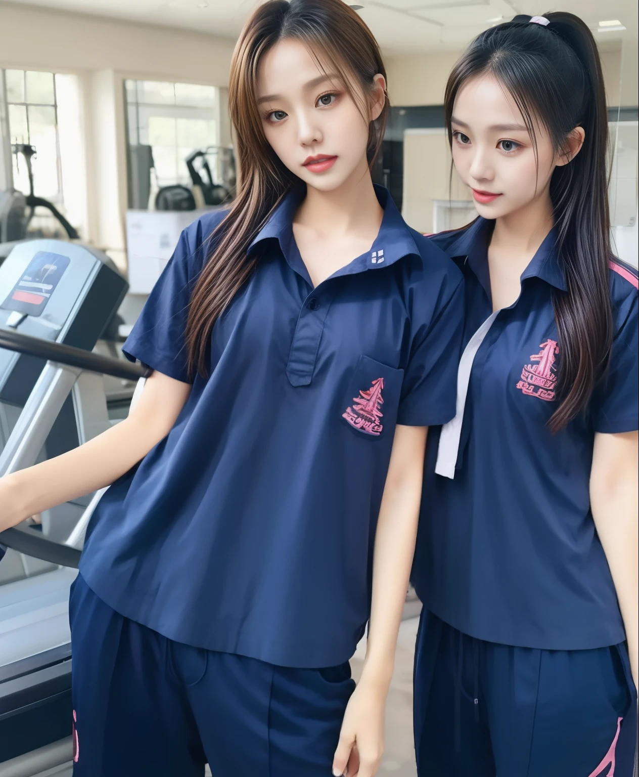 2 girls in the fitness center, Navy blue short-sleeved shirt,Navy Long Trackpant,Sweatpants, Sweatpantsขายาว,25 year old girl, lesbian, sexy, exercise clothes, wet body, exercise clothes