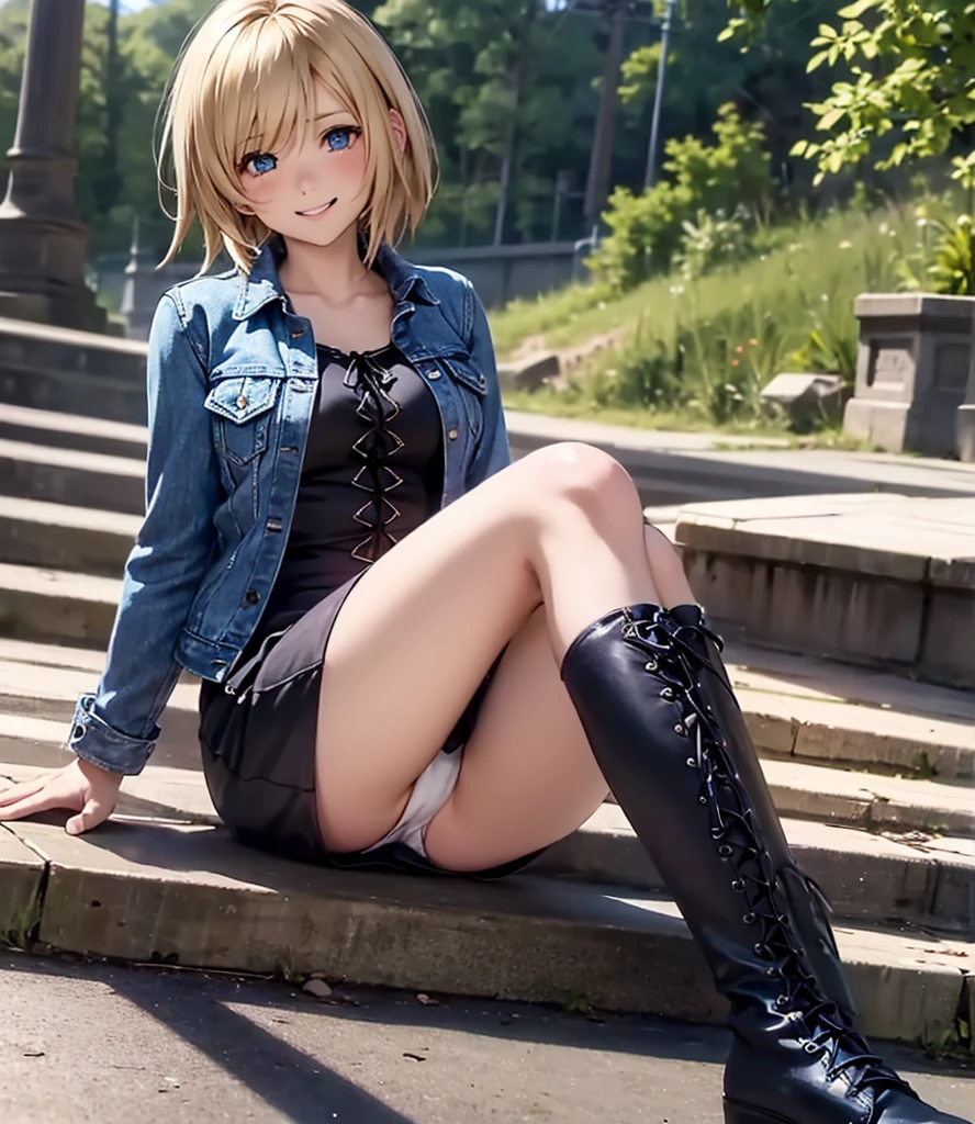 ayabrea，highest quality, masterpiece,8k，
Panty shot，(white panties:1.2), blush，blonde，blue eyes，clothes，tight knit dress，((black dress)), tight mini skirt ，lace up boots，blue denim jacket,(black high socks),outdoors,smile,looking at another, Sit with your legs stretched