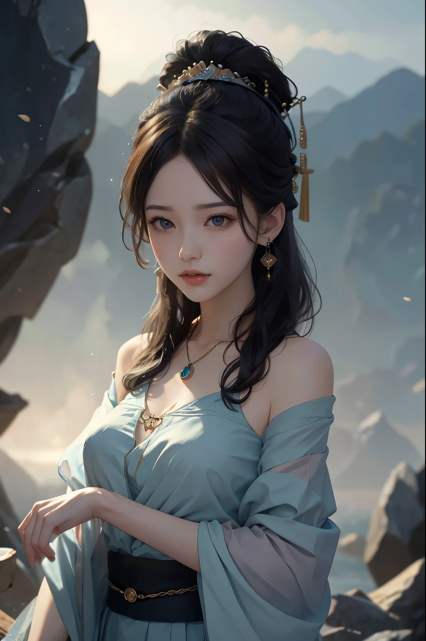 top-quality、tmasterpiece、超高分辨率、(Green Dragon Armor)、(((Colossal tits))),Hanfu,Transparent Hanfu、((Random hairstyle 1.6),(Wearing a beautiful crown made of jewelry),(真实感:1.4)、RAW photogr、1 girl、((((Handsome hair))))、((Floral hair ornament))),Skin glows、(((Japanese dragon)))、(Gorgeous jewelry necklace)、Natural relics、(enigmatic expression)、(Full-body angle)、(battle the dragon)、With a nice knife、(((10,000 tendons))),(Pink metallic bikini)、(Beautiful forest backgrounds)、(((Precipitous cliffs)))、(castle background)、((Ultra-realistic details))、Potrat、globalillumination、(sexyposture)、cellshading、Octagon rendering、(One-eyed scout)、8K、Super sharp、Colossal tits、Exposed skin in cleavage area、metals、Intricate decorative details、Japan details、highly intricate detail、True ray tracing、CG social trends、eBlue eyes、Radiant Eyes、facing at the camera、Precipitous cliffs、Tustock、(Full-body angle)、(veils)、(((important))),「Peek at viewers」Perspectives[Trey、north african free trade area、
