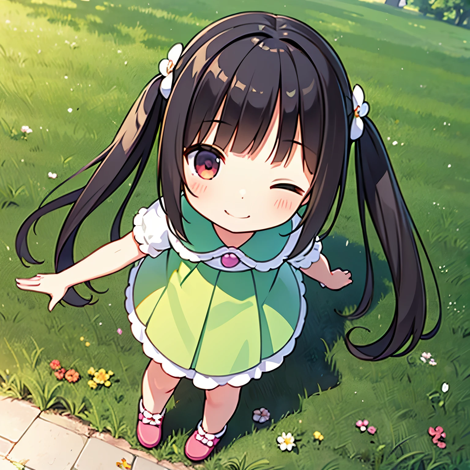 (photorealistic:1.37)、octane rendering、Morning park、Walk with a rabbit doll、Girl has twin tail hairstyle and smiles、Bright colors、soft sunlight、beautiful flower、green grass、playful atmosphere、peaceful environment、detailed texture、Bright colors、cute shoes with accessories、He looks happy