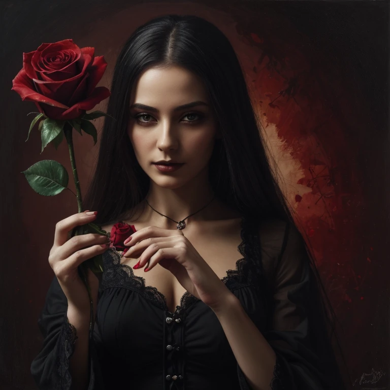 (best quality,highres:1.2),oil painting,detailed woman's hand,centered,holding a red rose,fading petals,gothic style,dark and vibrant, blood details,small flickering flame
