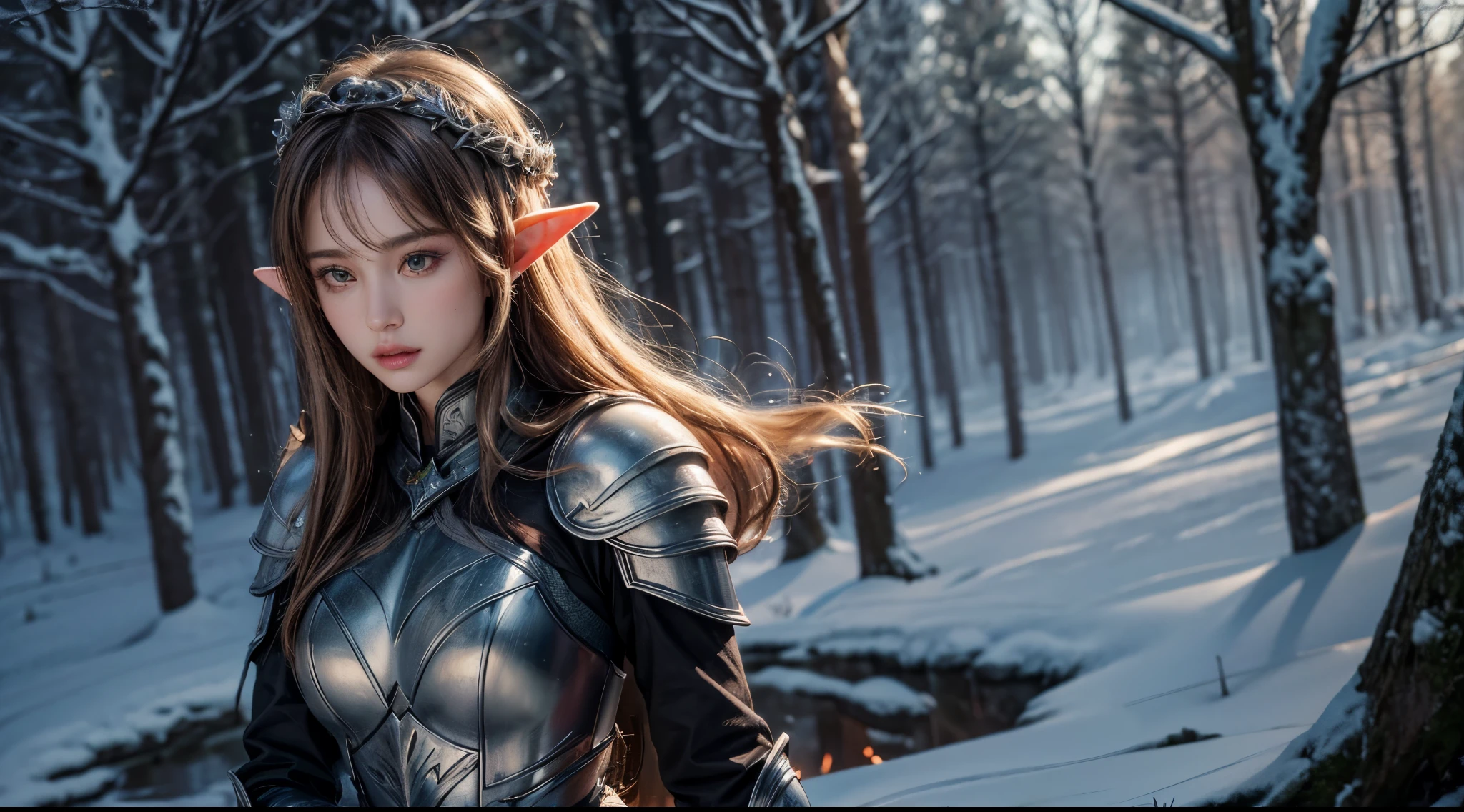 original photo, (best quality:1.3), high resolution, (masterpiece), (lifelike:1.4), Professional photography, sharp focus, high dynamic range, 8K resolution, intricate details, Exquisite details, depth of field, Extremely detailed CG unified 8k wallpaper, masterpiece,poster,best quality,official art,(Beauty and aesthetics:1.2),(masterpiece:1.3),female elf,Lightweight leather armor,Complex patterns,winter,forest,medium distance photography,(midnight),dramatic