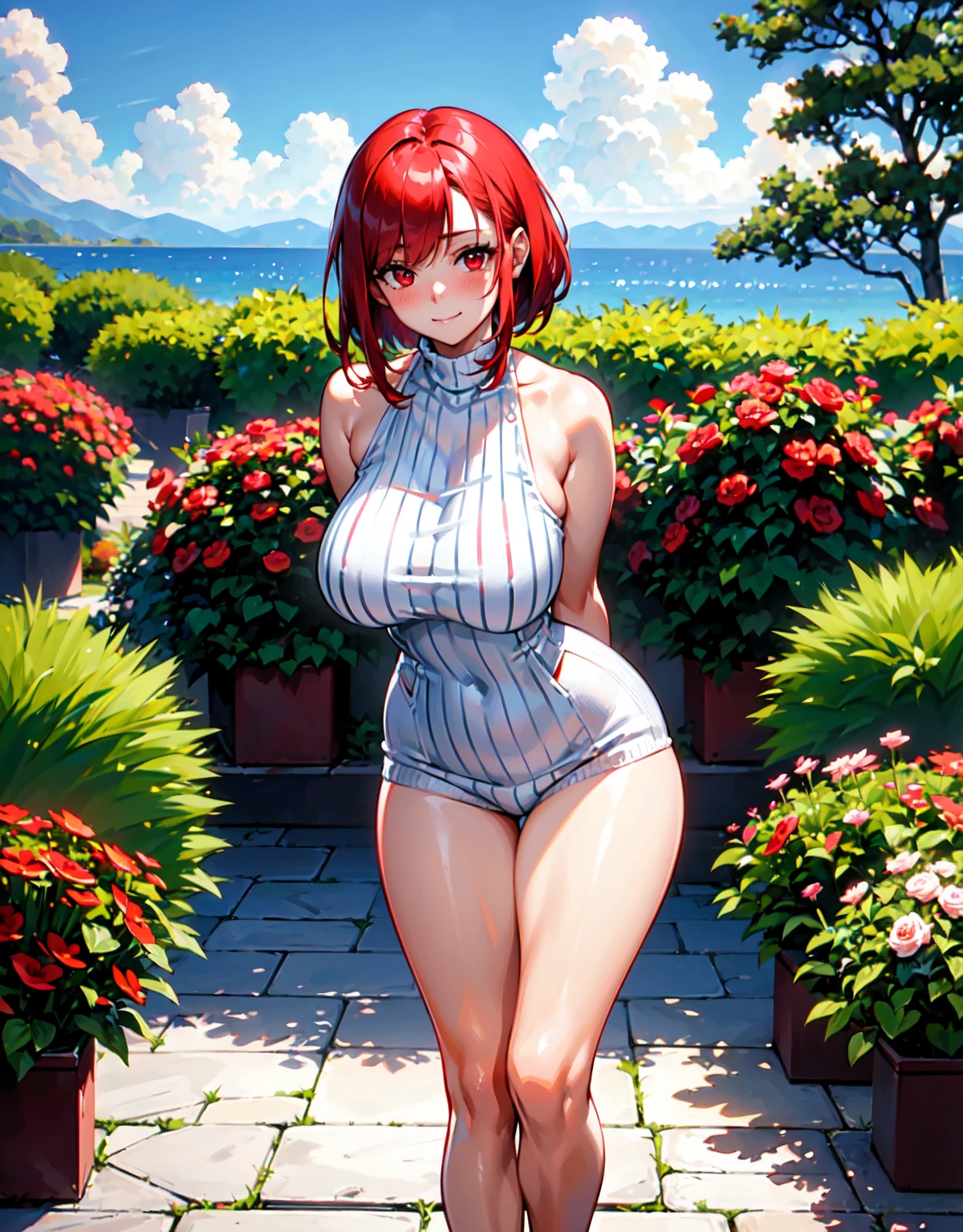 Masterpiece, stunning realistic, best quality, Sharpness, 1 girl, big ,red hair,straight hair,bobcut,red eyes,standing in a beatiful garden with an sea,big ,blush in face,red face, cute smile,closed mouth,arms behind back,Knitted Sweater,skinny jeans